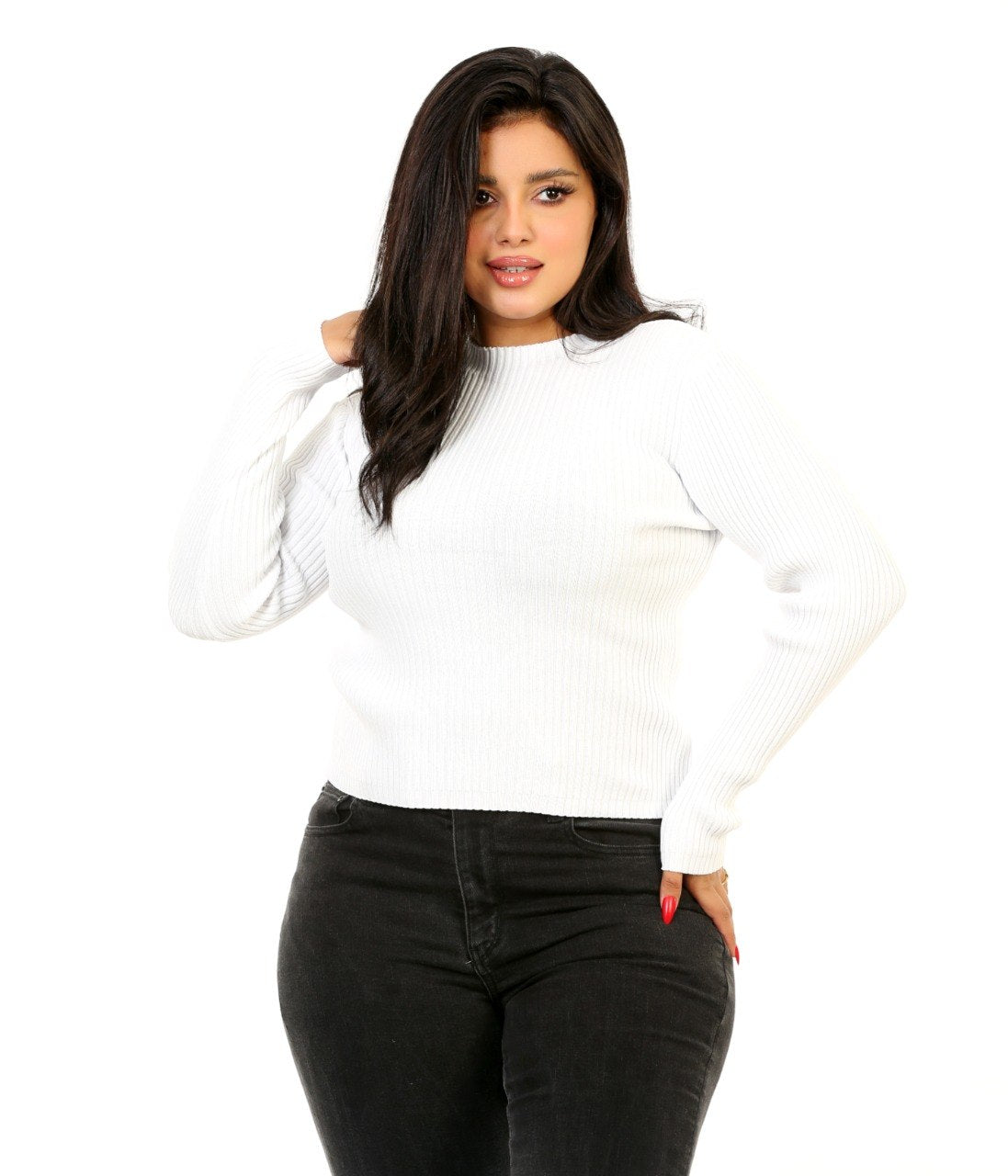 Ribbed Mock Neck Knit Blouse - White
