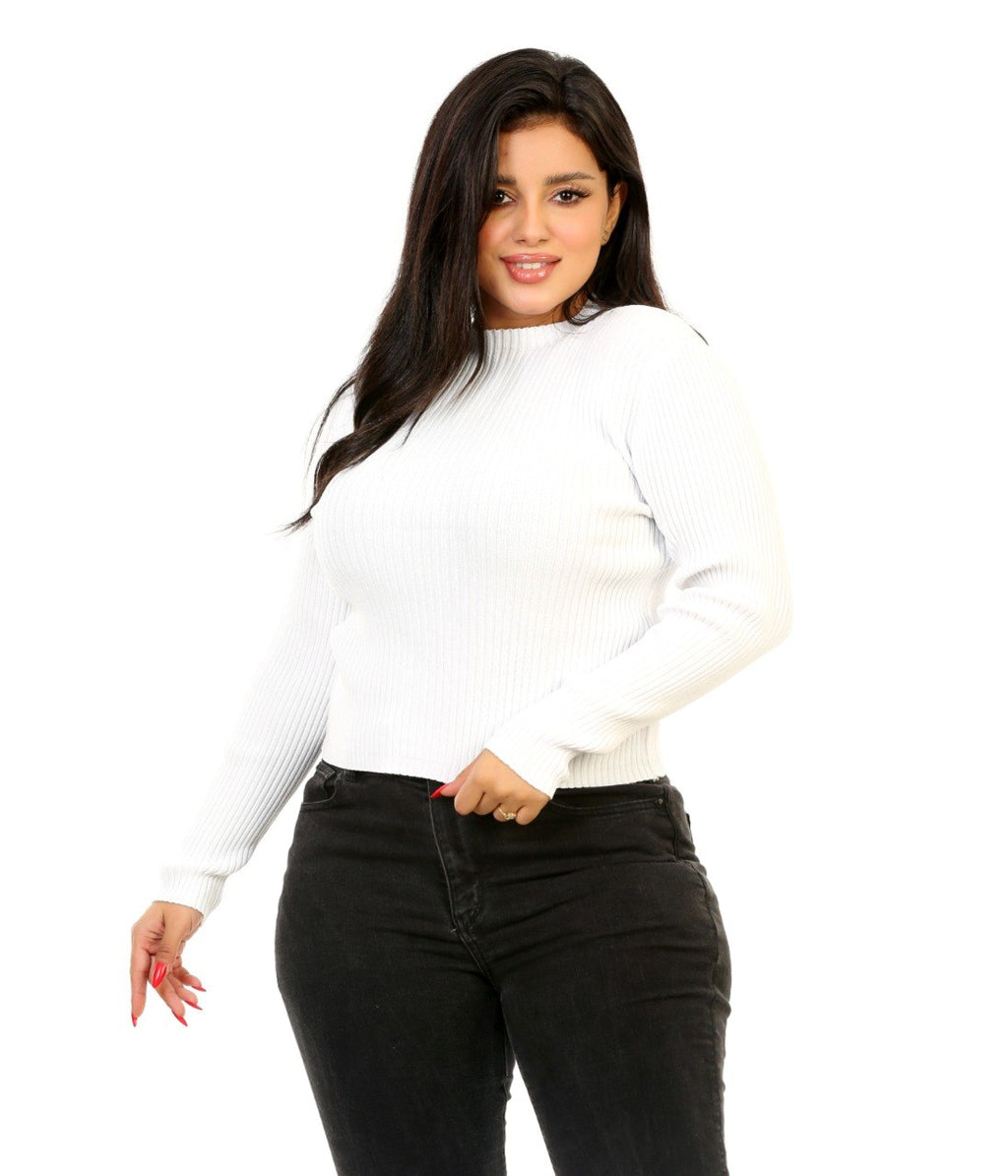 Ribbed Mock Neck Knit Blouse - White