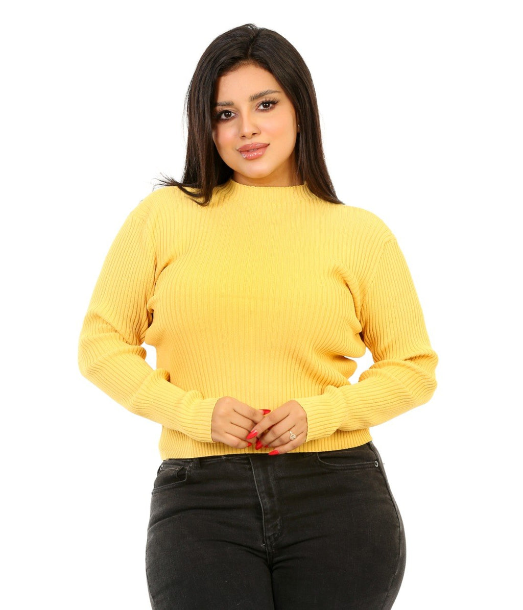 Ribbed Mock Neck Knit Blouse - Yellow