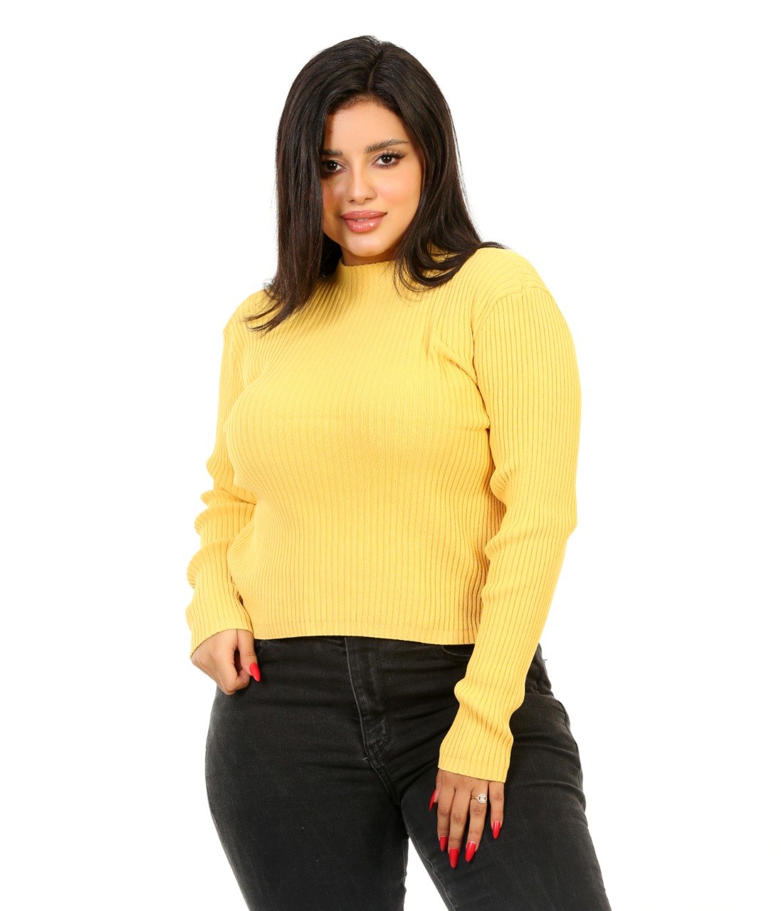 Ribbed Mock Neck Knit Blouse - Yellow