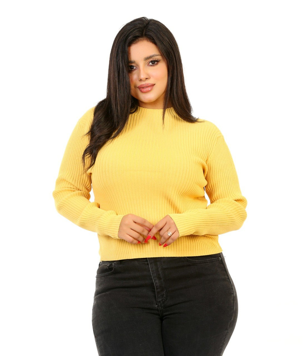 Ribbed Mock Neck Knit Blouse - Yellow