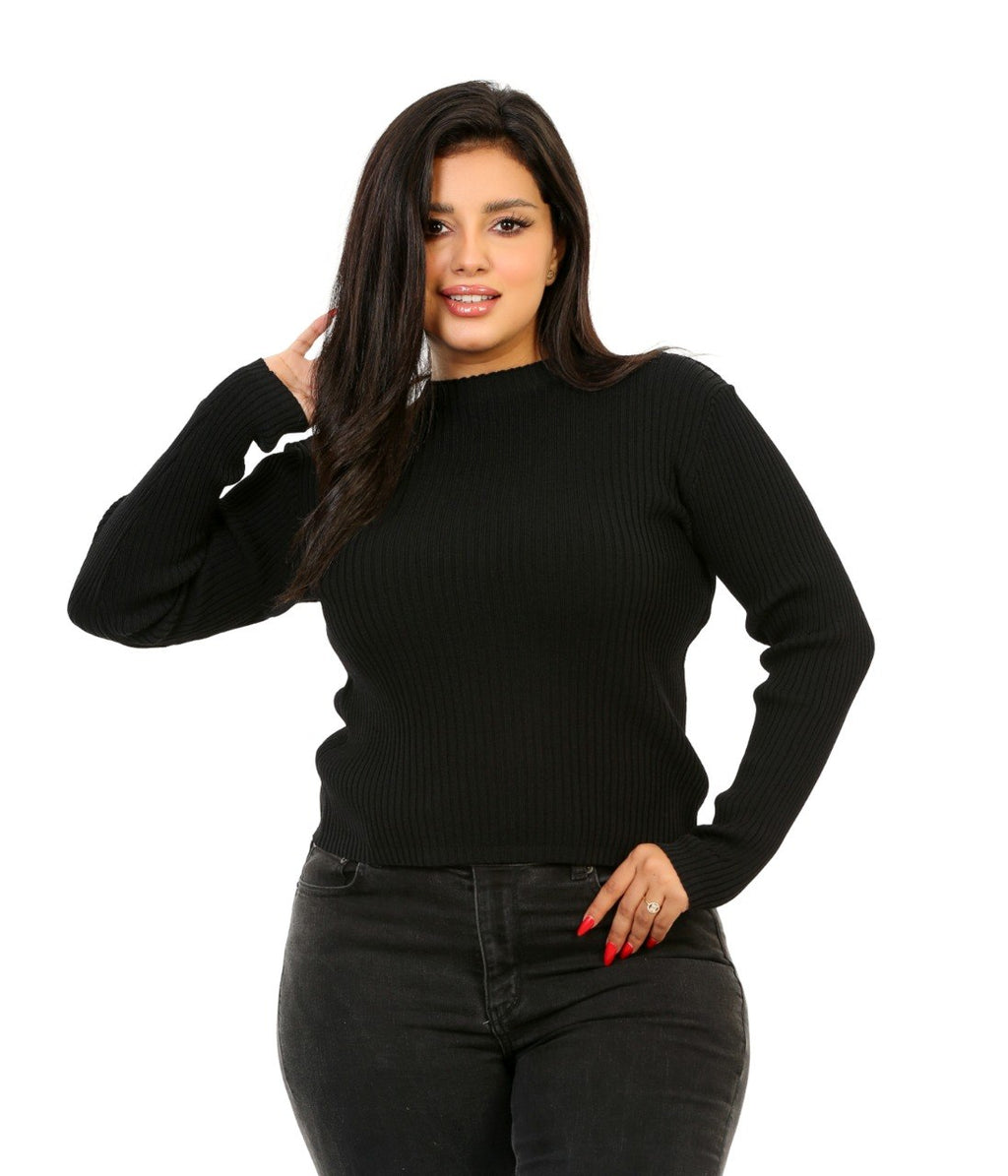 Ribbed Mock Neck Knit Blouse - Black