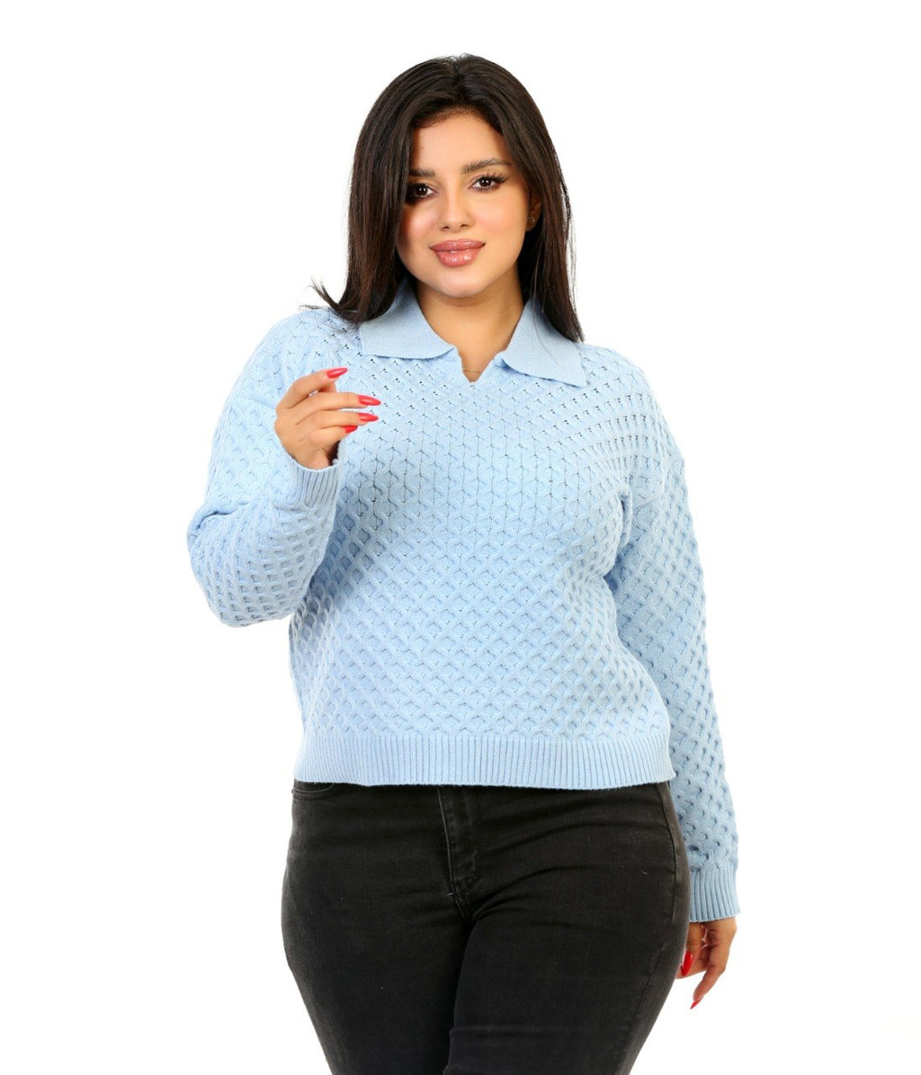 Honeycomb Knit Polo Blouse - Baby Blue
