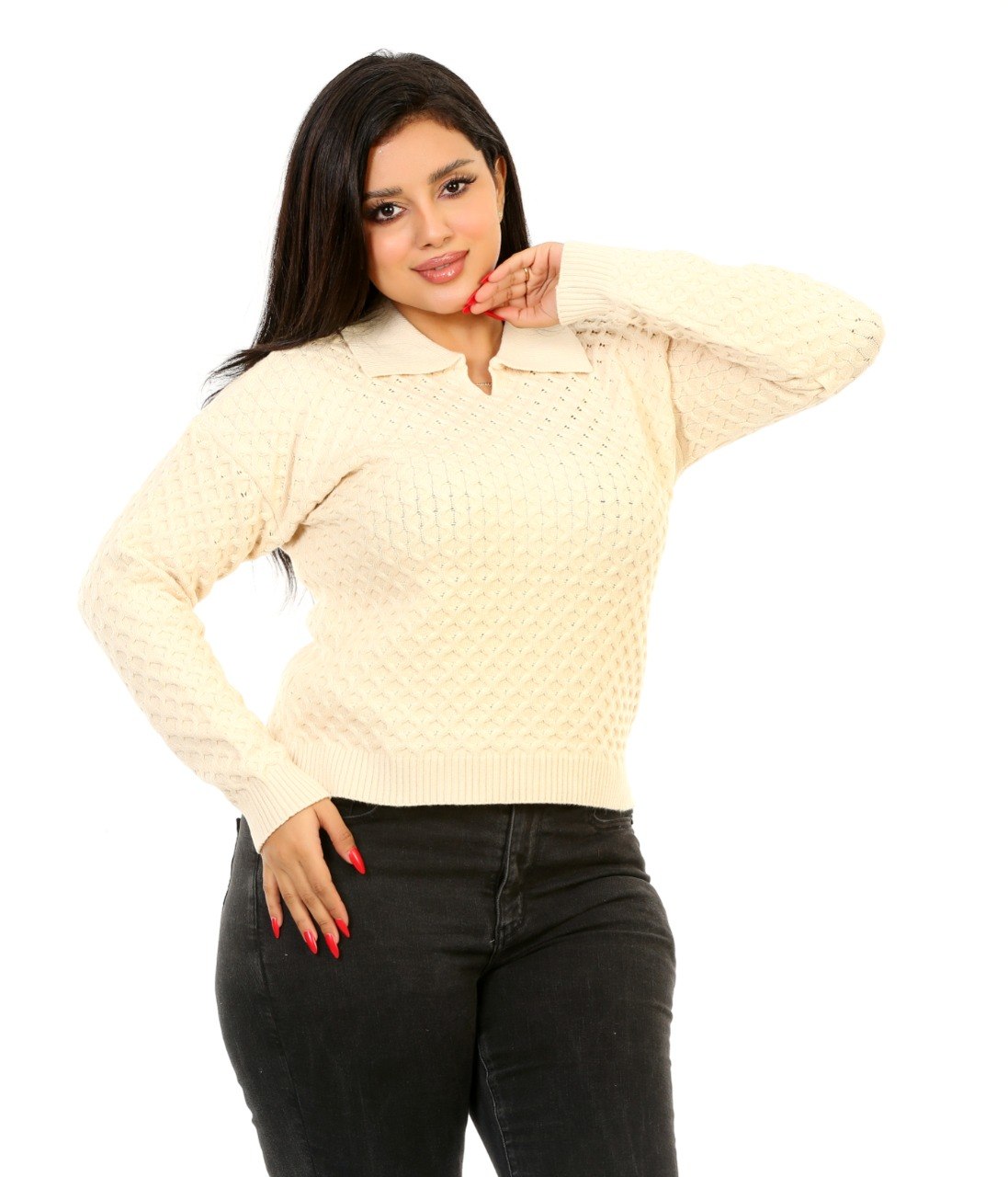 Honeycomb Knit Polo Blouse - Cream