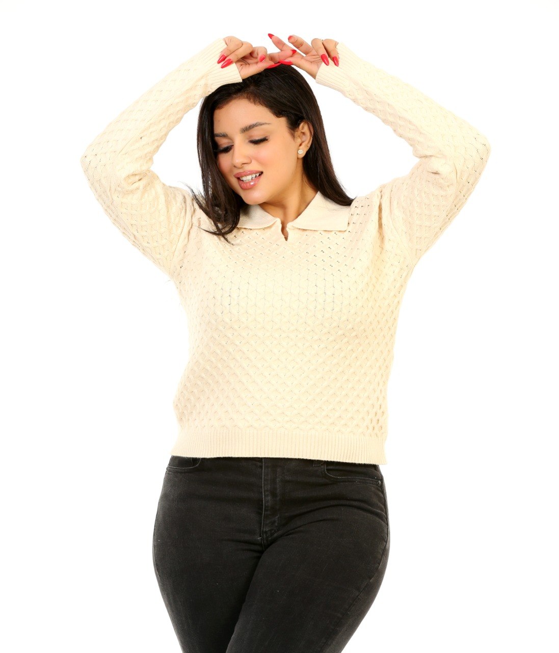 Honeycomb Knit Polo Blouse - Cream