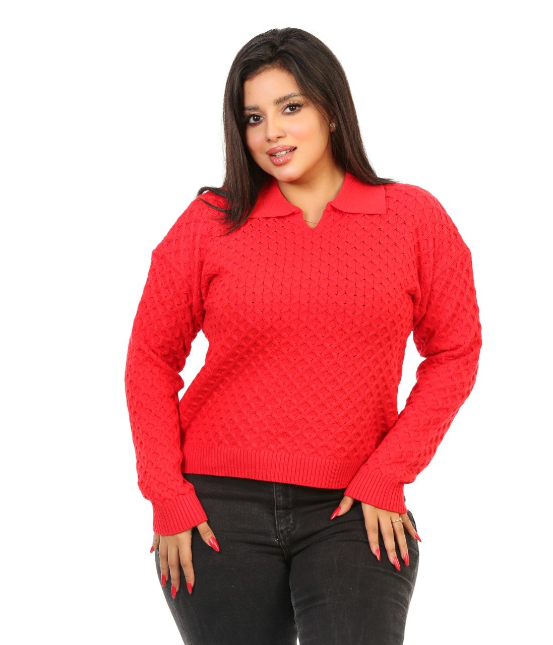 Honeycomb Knit Polo Blouse - Red