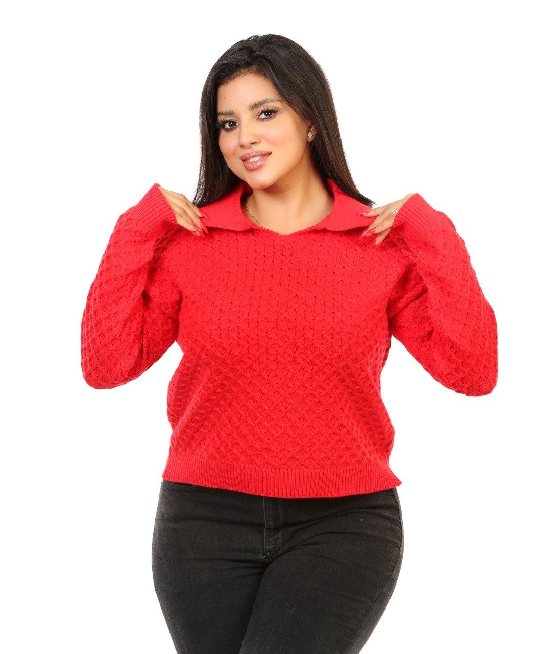 Honeycomb Knit Polo Blouse - Red