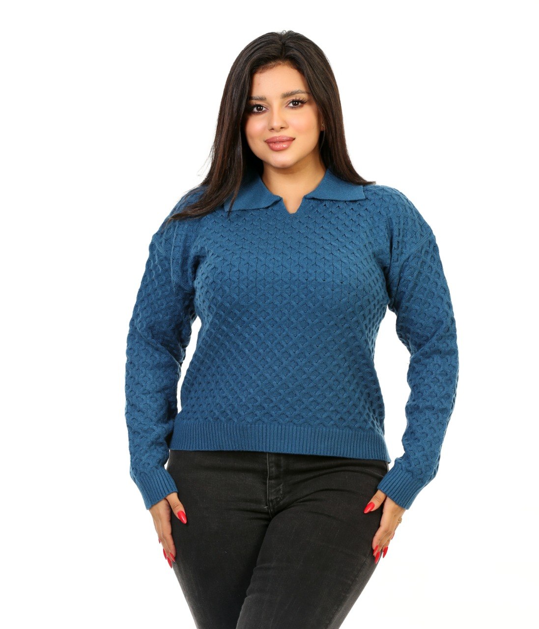 Honeycomb Knit Polo Blouse - Blue