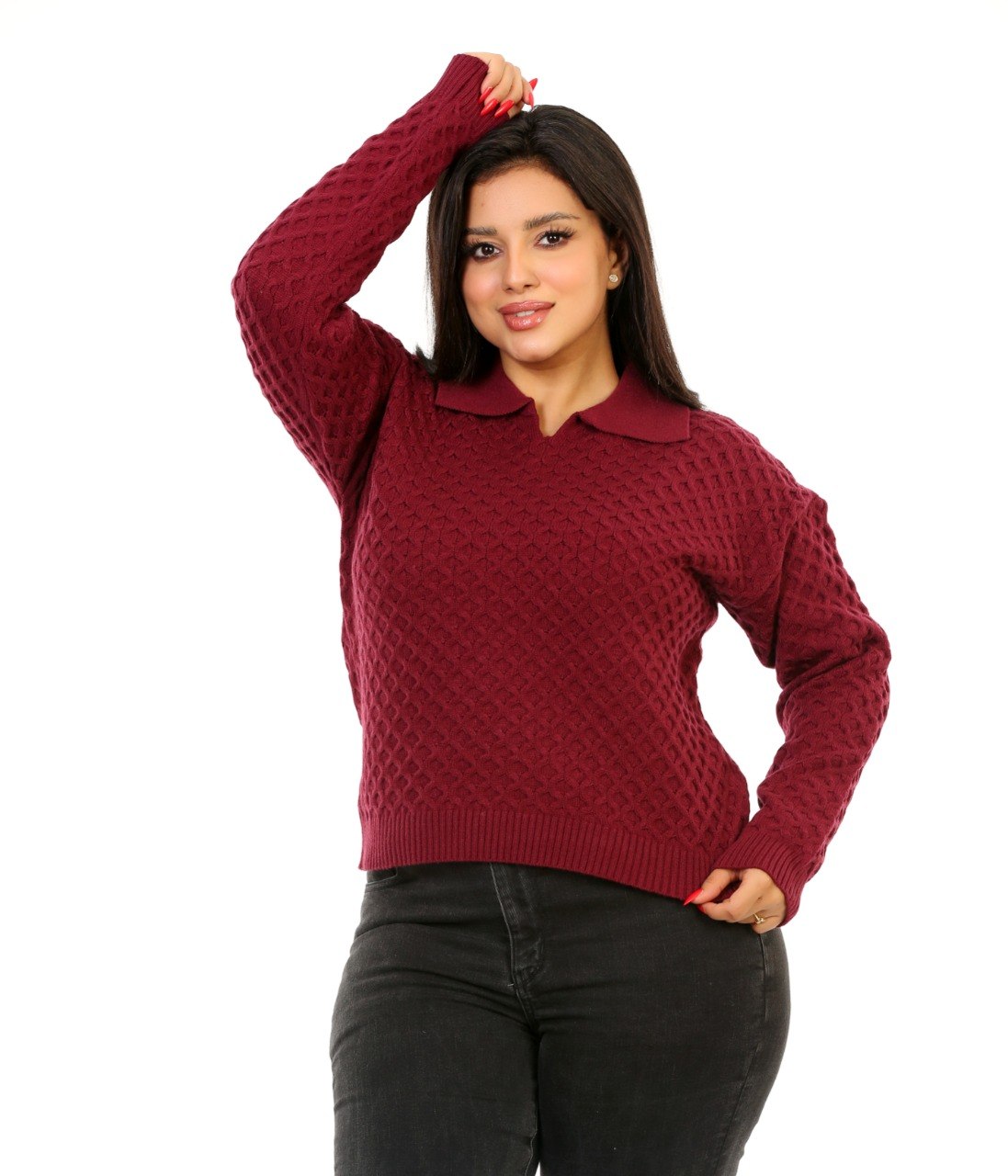 Honeycomb Knit Polo Blouse - Burgundy