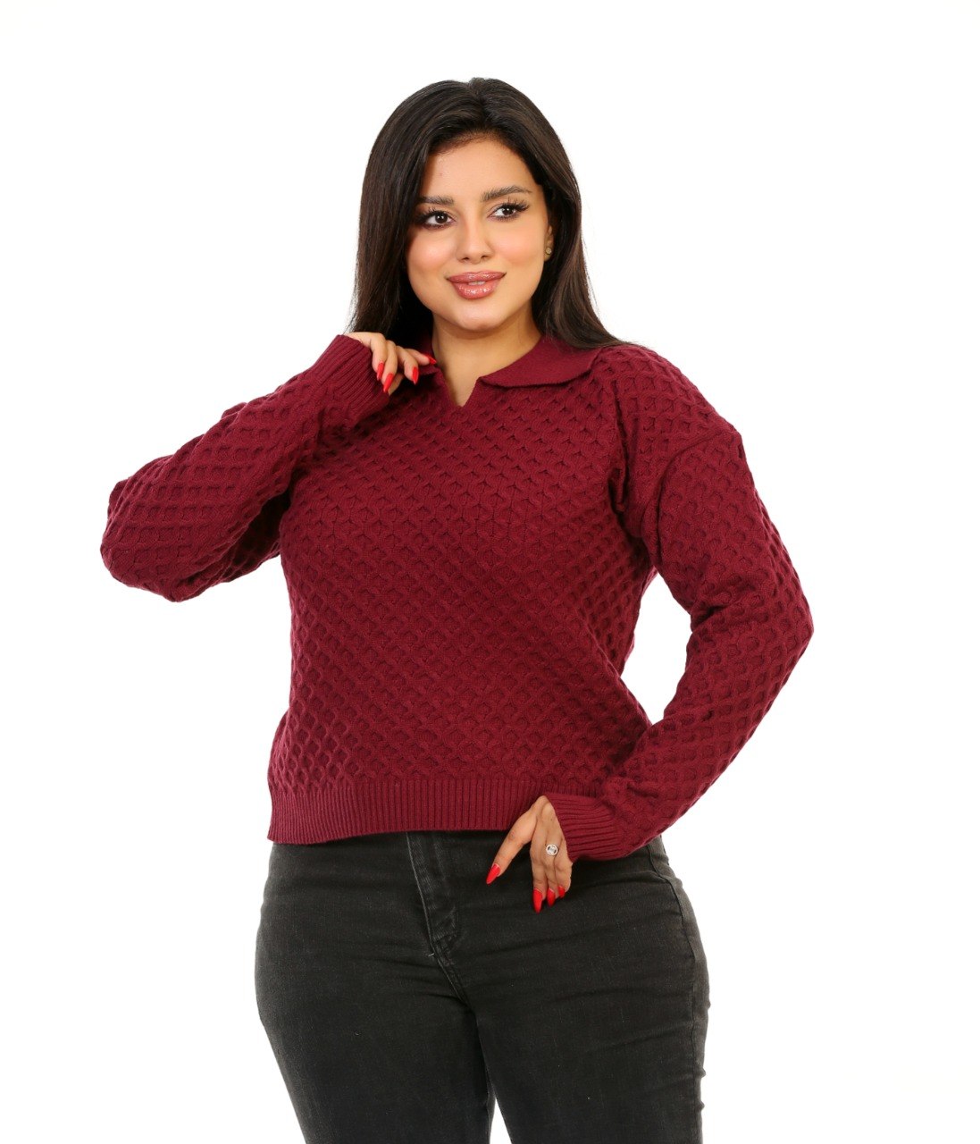 Honeycomb Knit Polo Blouse - Burgundy