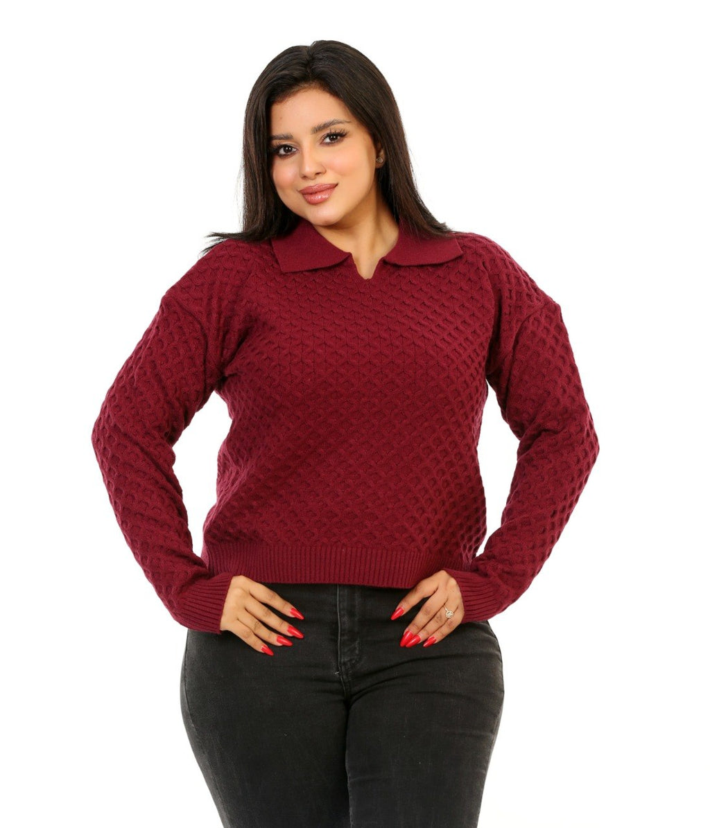 Honeycomb Knit Polo Blouse - Burgundy