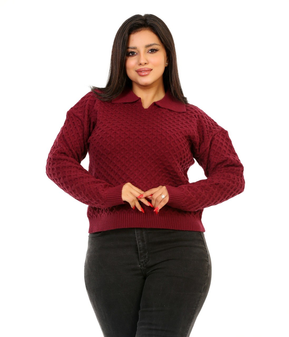 Honeycomb Knit Polo Blouse - Burgundy
