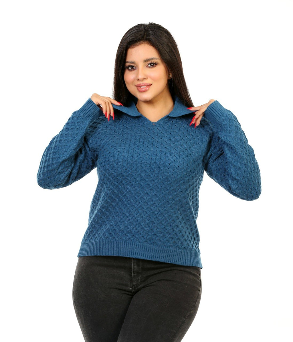 Honeycomb Knit Polo Blouse - Blue