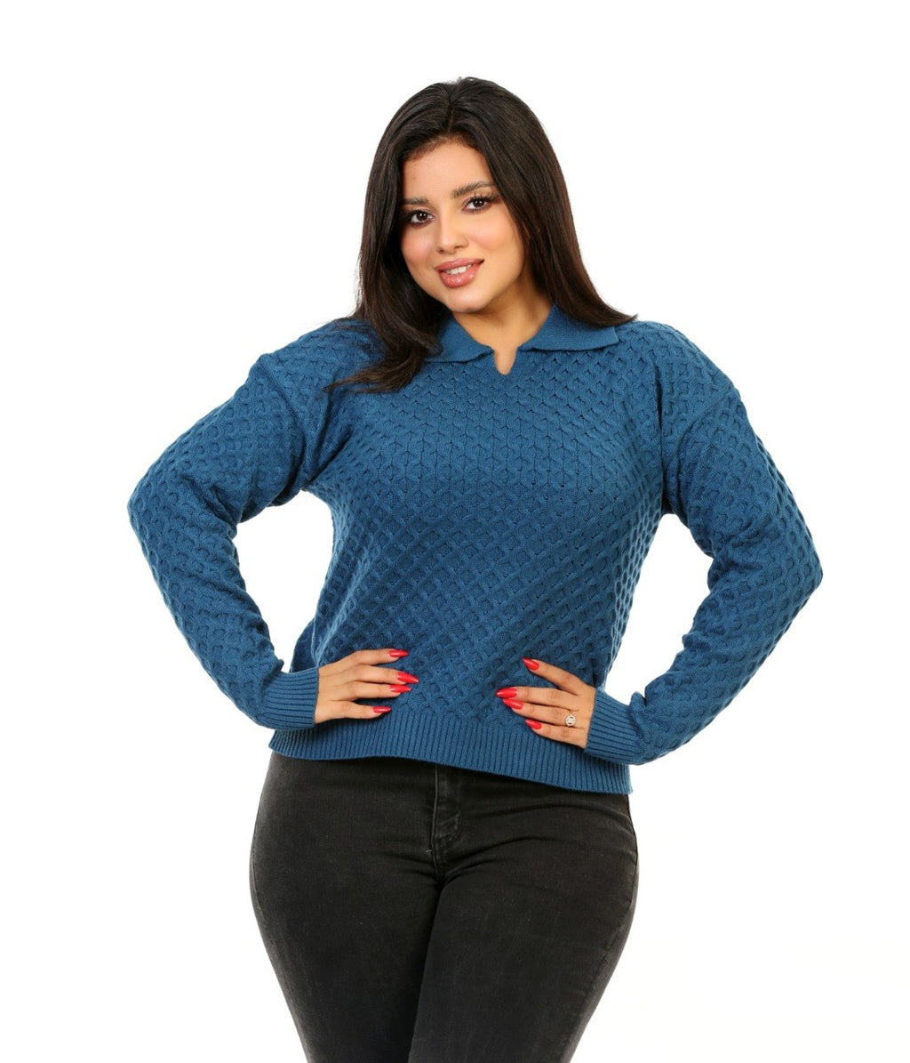Honeycomb Knit Polo Blouse - Blue