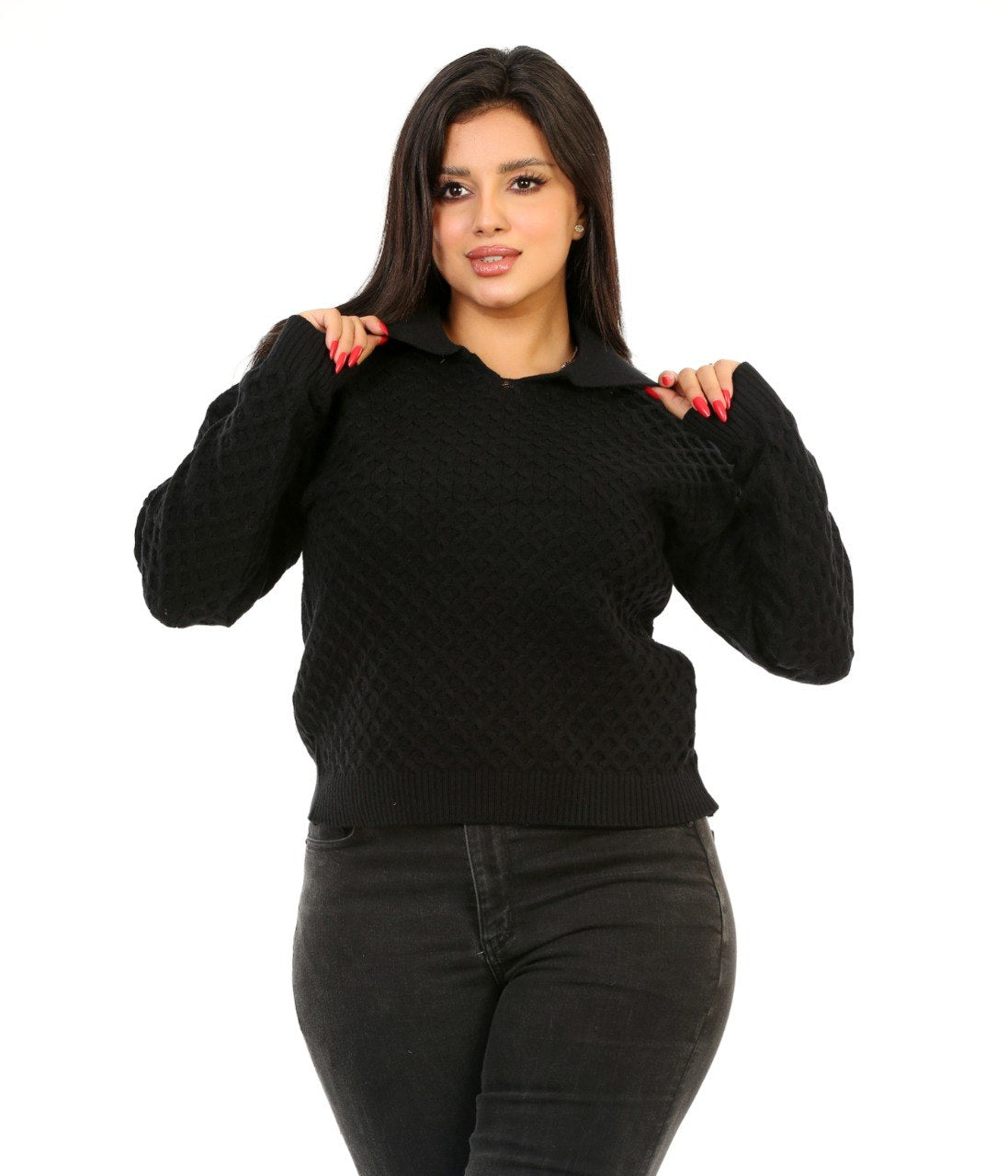 Honeycomb Knit Polo Blouse - Black