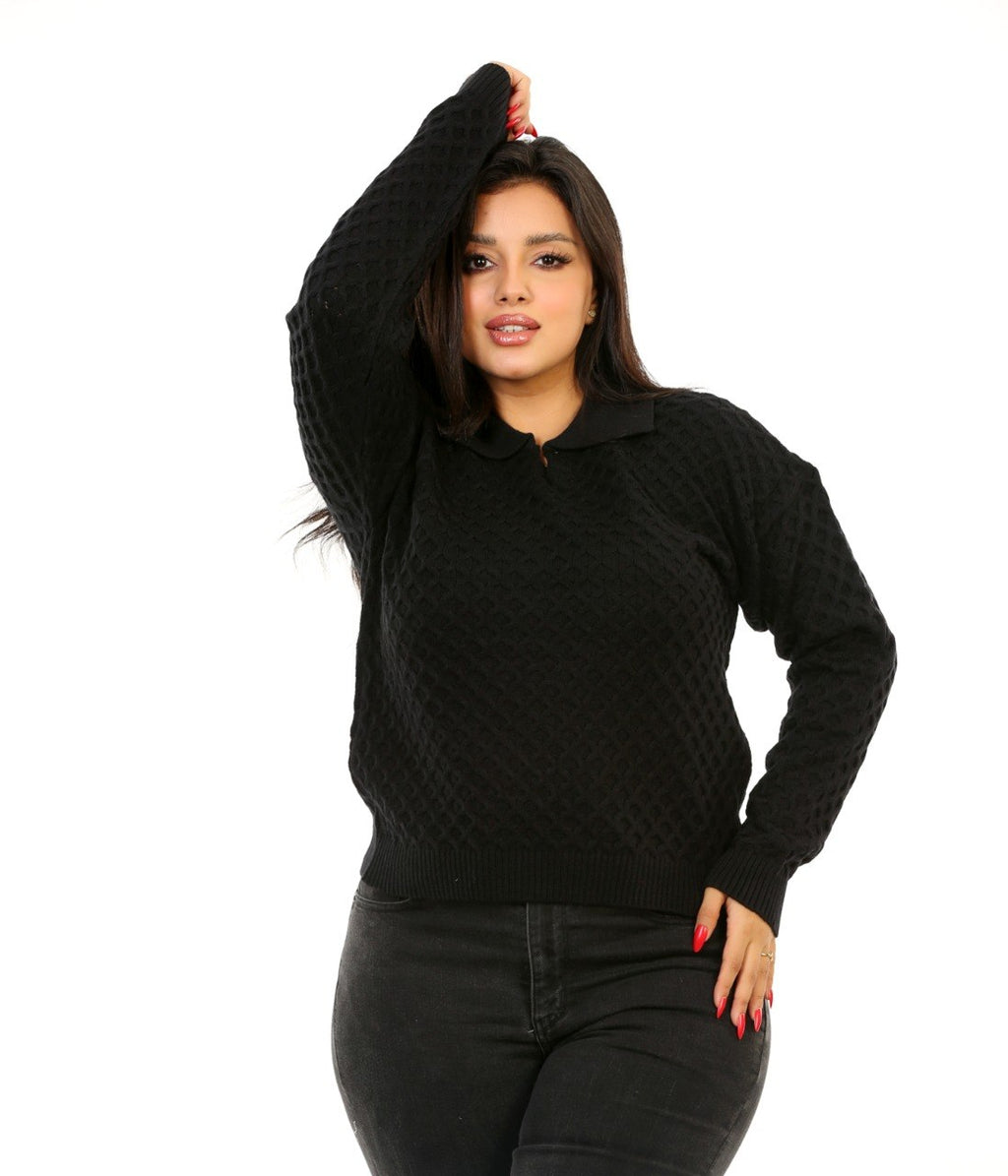 Honeycomb Knit Polo Blouse - Black