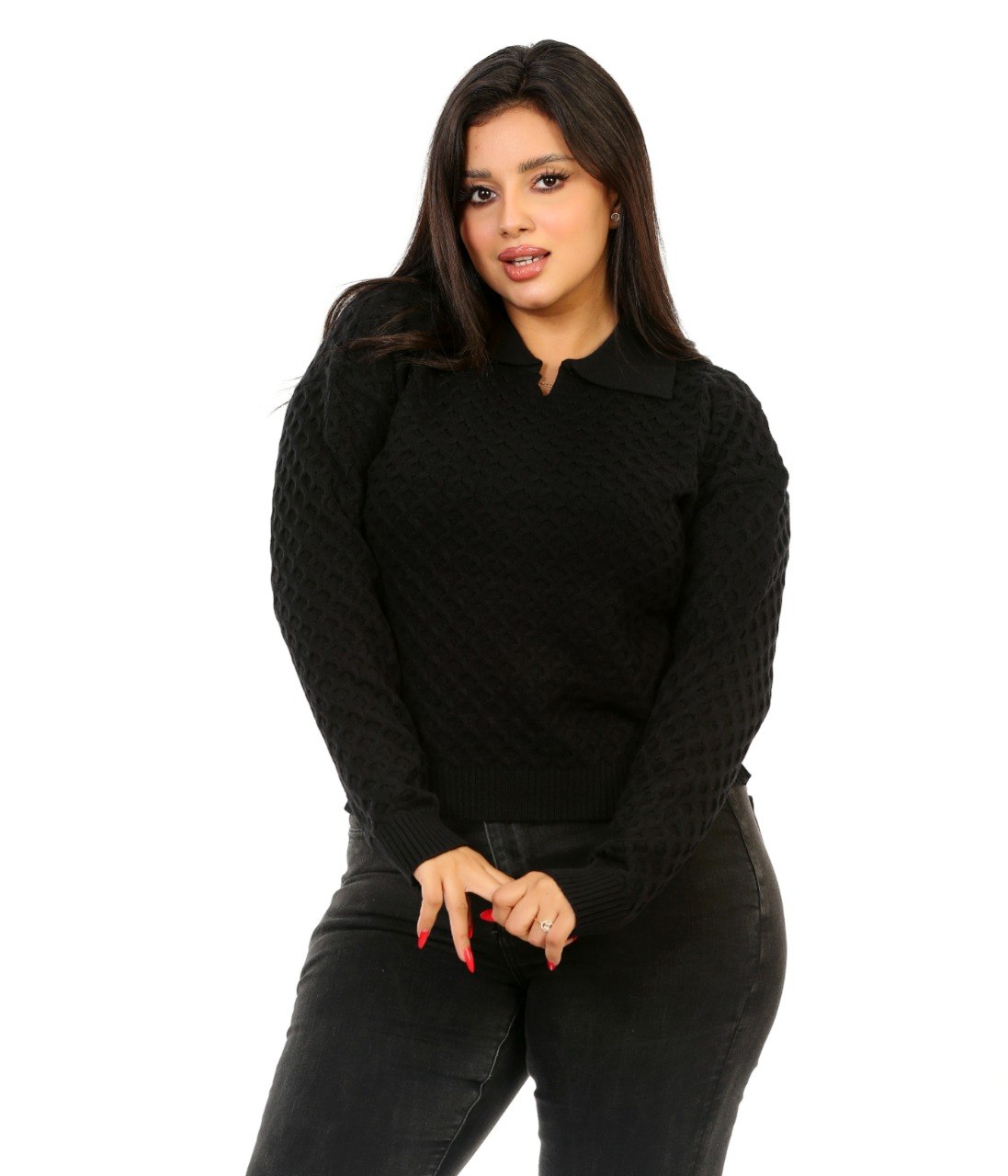 Honeycomb Knit Polo Blouse - Black