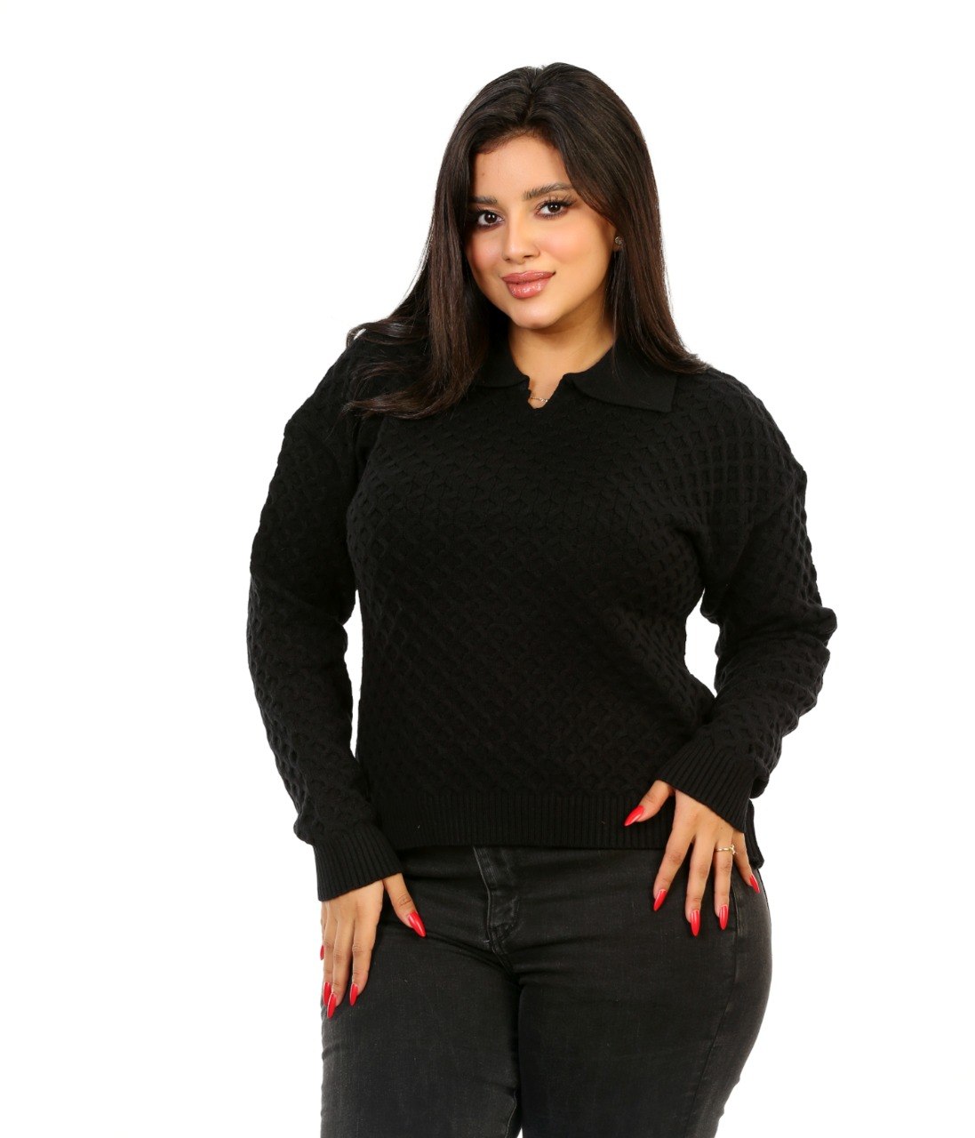 Honeycomb Knit Polo Blouse - Black