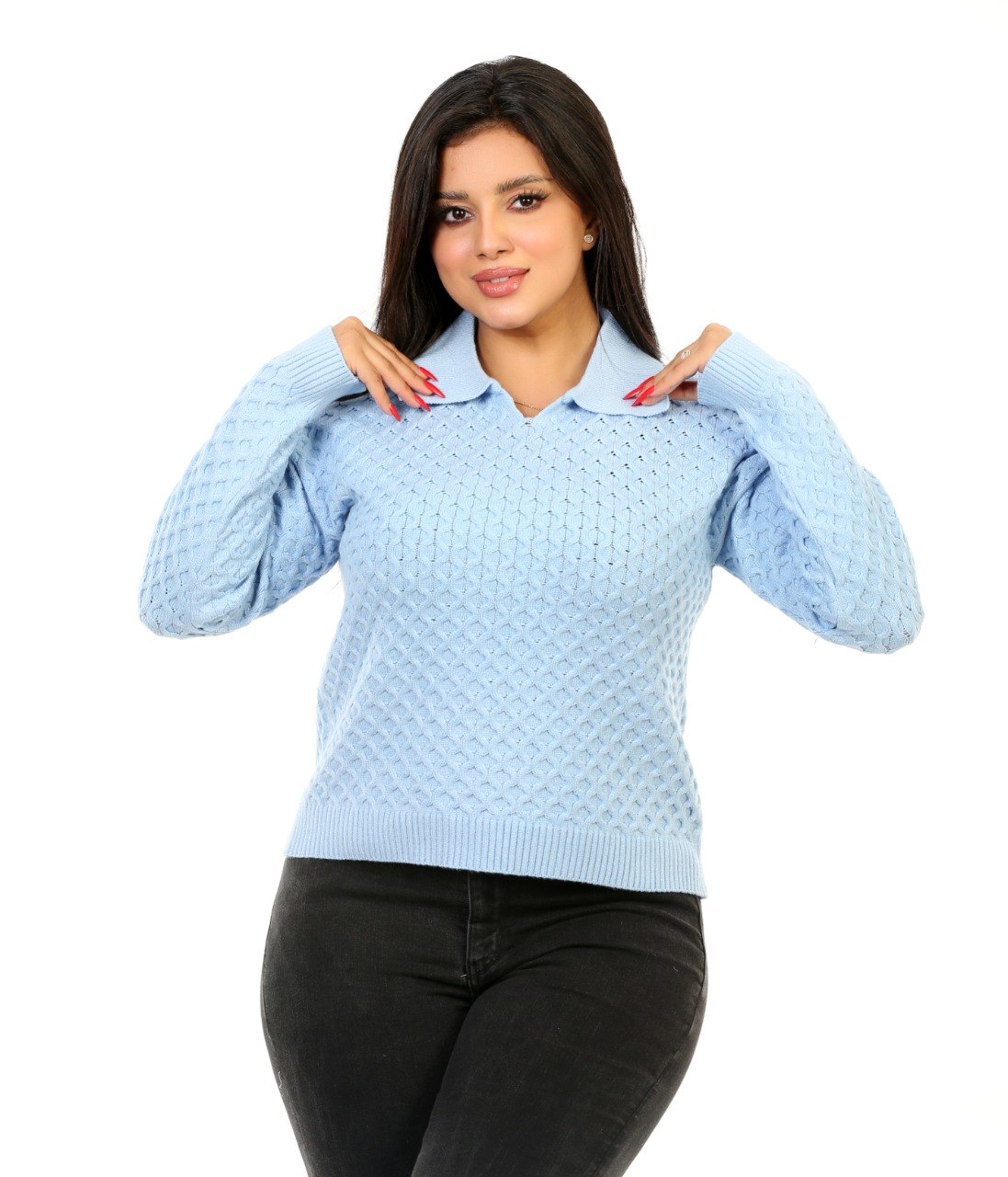 Honeycomb Knit Polo Blouse - Baby Blue