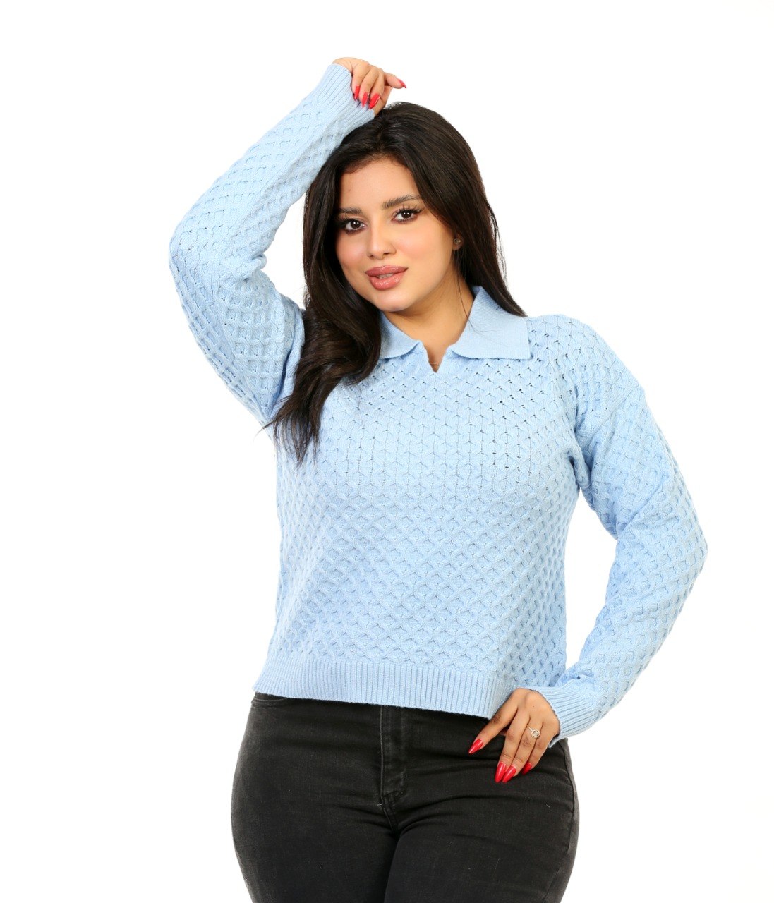 Honeycomb Knit Polo Blouse - Baby Blue