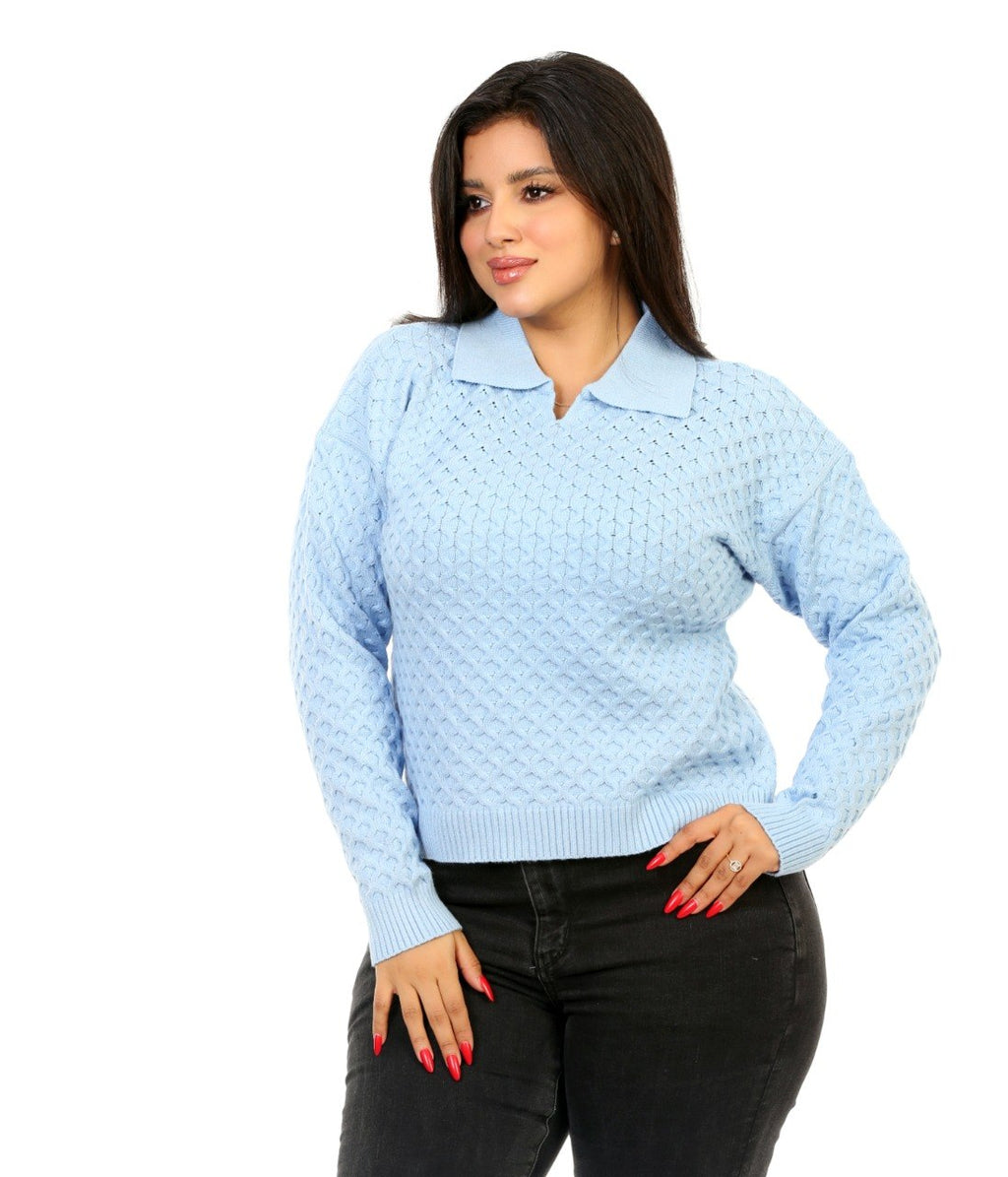 Honeycomb Knit Polo Blouse - Baby Blue