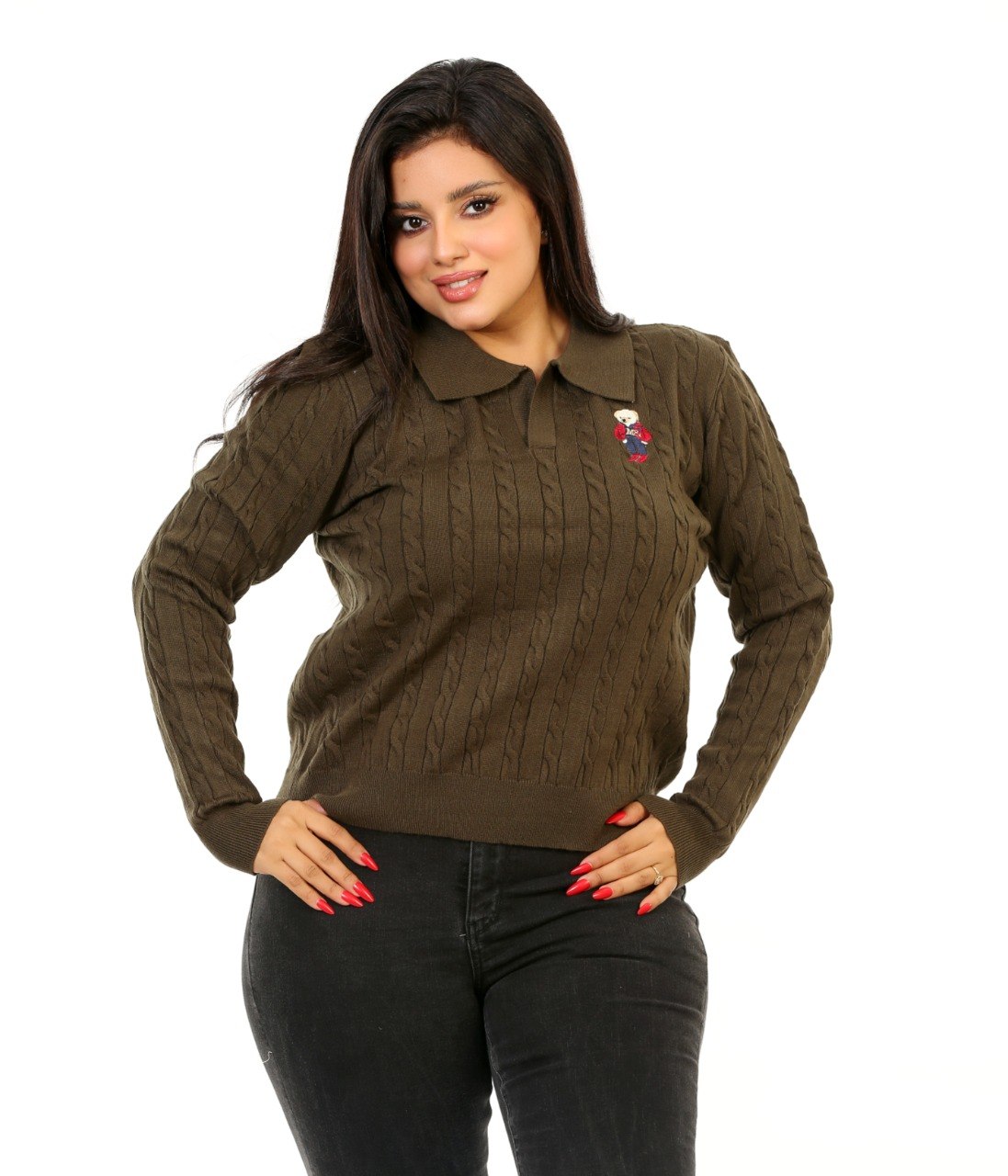 Cable Knit Embroidered Polo Blouse - Olive