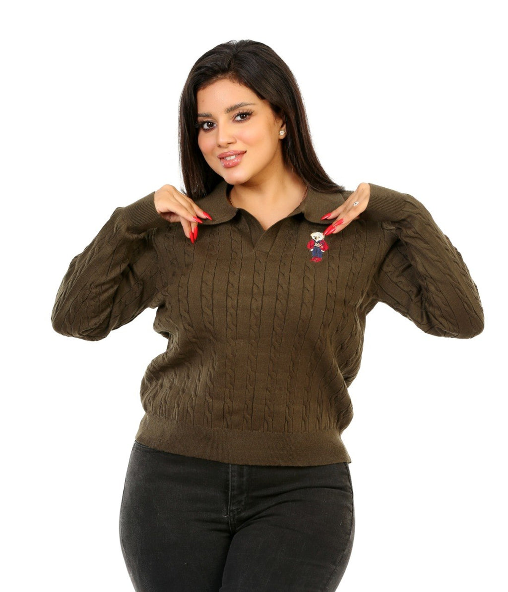 Cable Knit Embroidered Polo Blouse - Olive