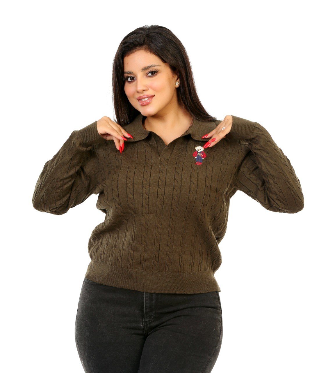 Cable Knit Embroidered Polo Blouse - Olive