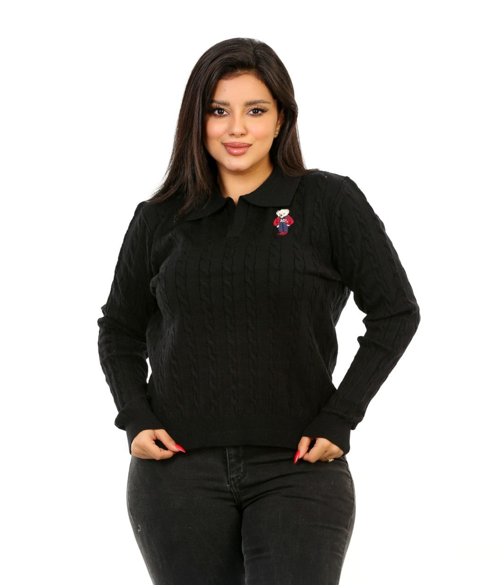 Cable Knit Embroidered Polo Blouse - Black