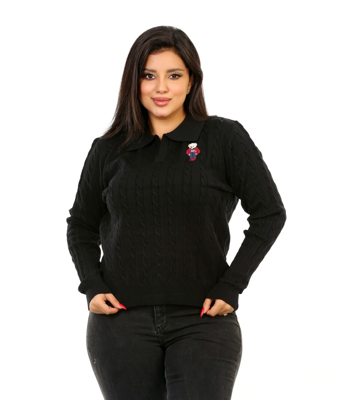 Cable Knit Embroidered Polo Blouse - Black