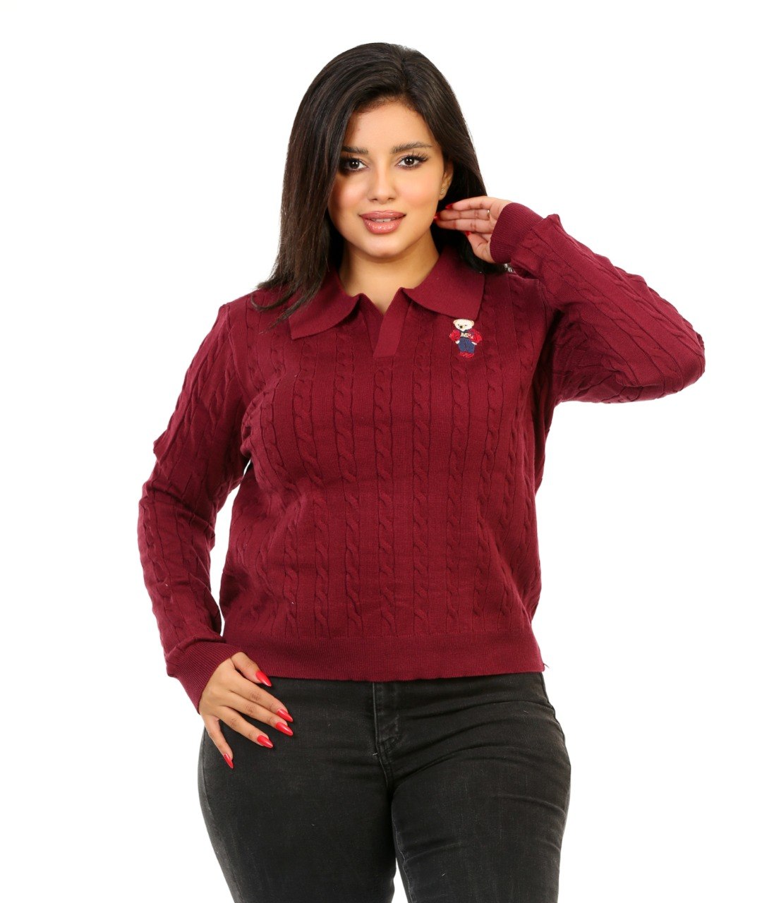 Cable Knit Embroidered Polo Blouse - Burgundy