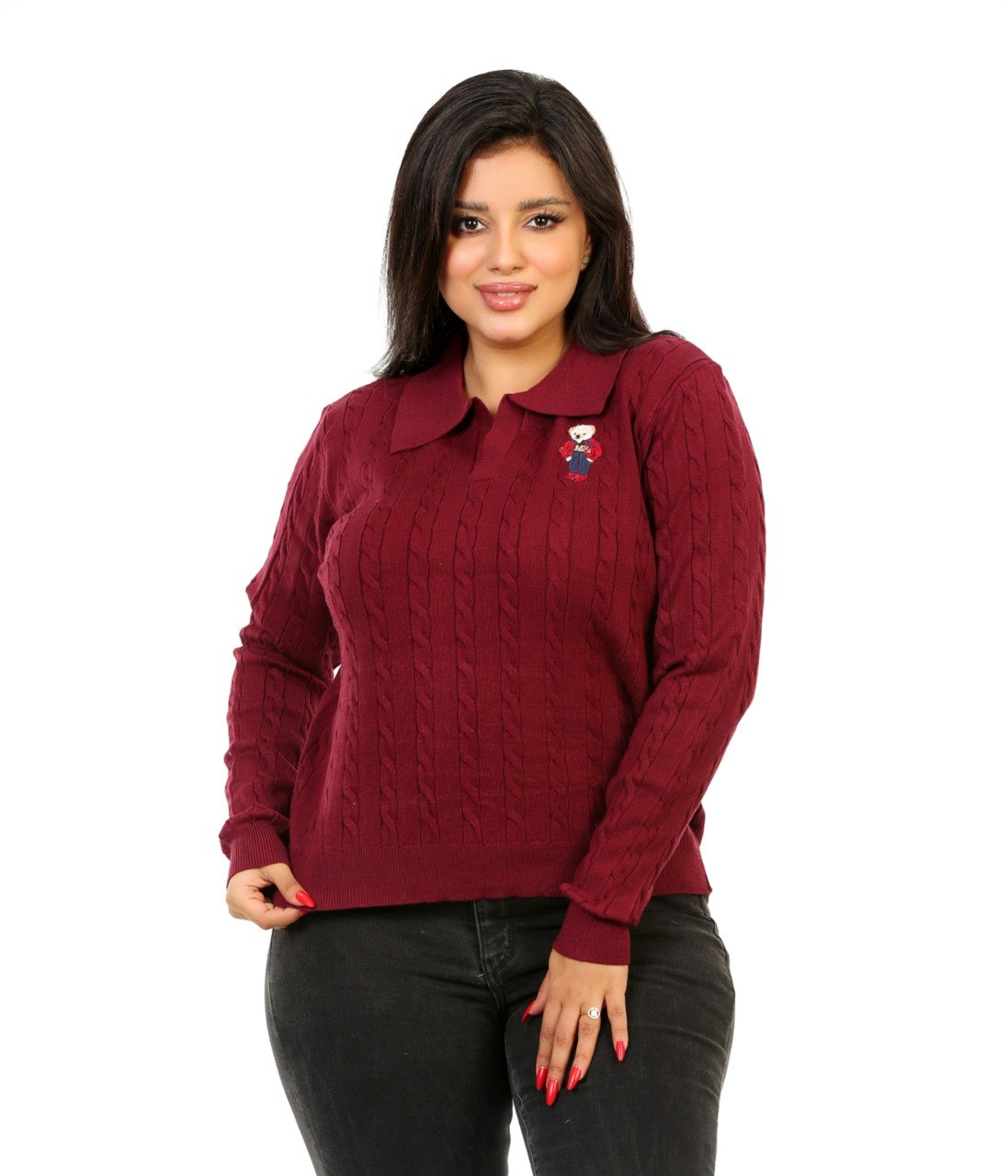 Cable Knit Embroidered Polo Blouse - Burgundy