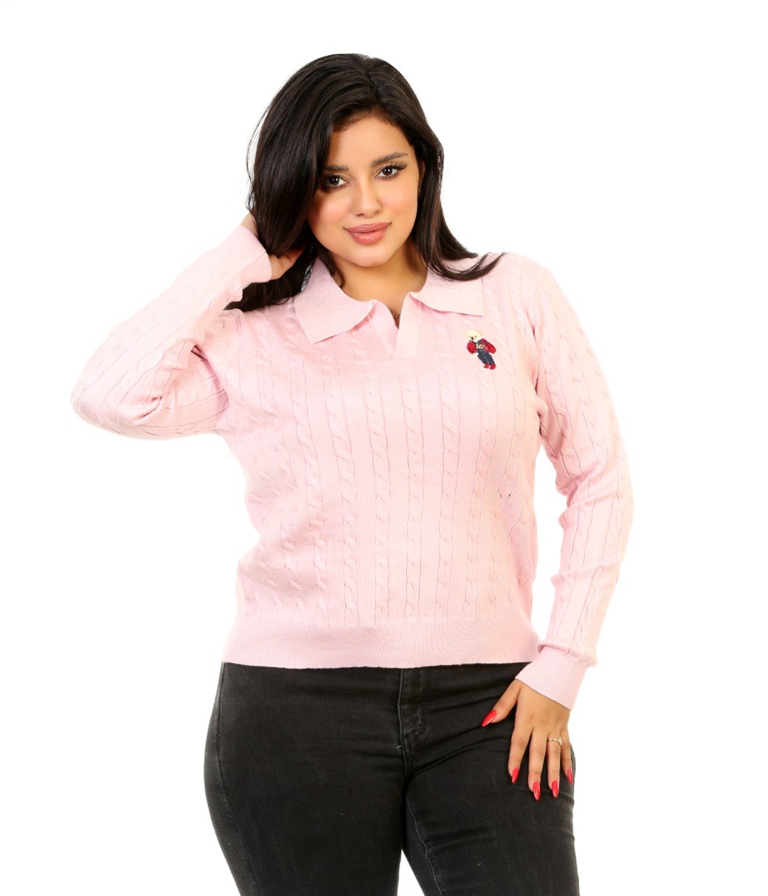 Cable Knit Embroidered Polo Blouse - Pink