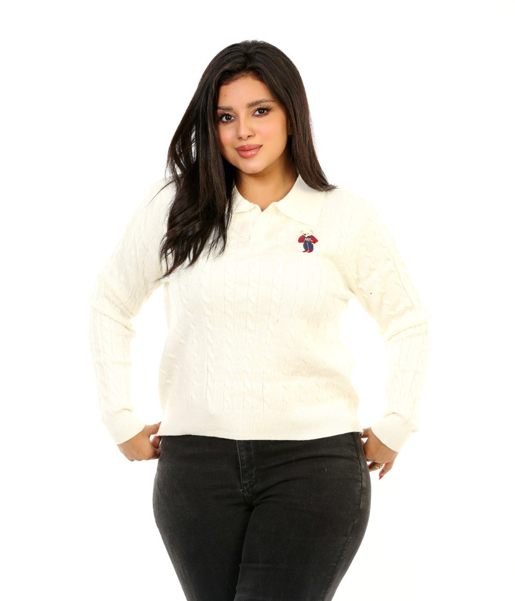 Cable Knit Embroidered Polo Blouse - Off White