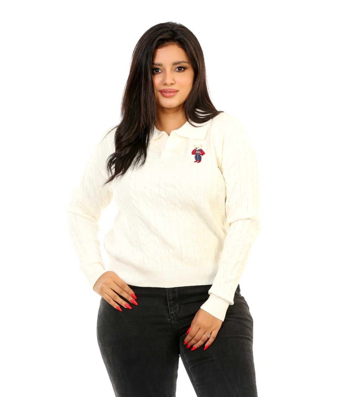 Cable Knit Embroidered Polo Blouse - Off White