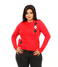 Argyle Panel Crew Neck Blouse - Red