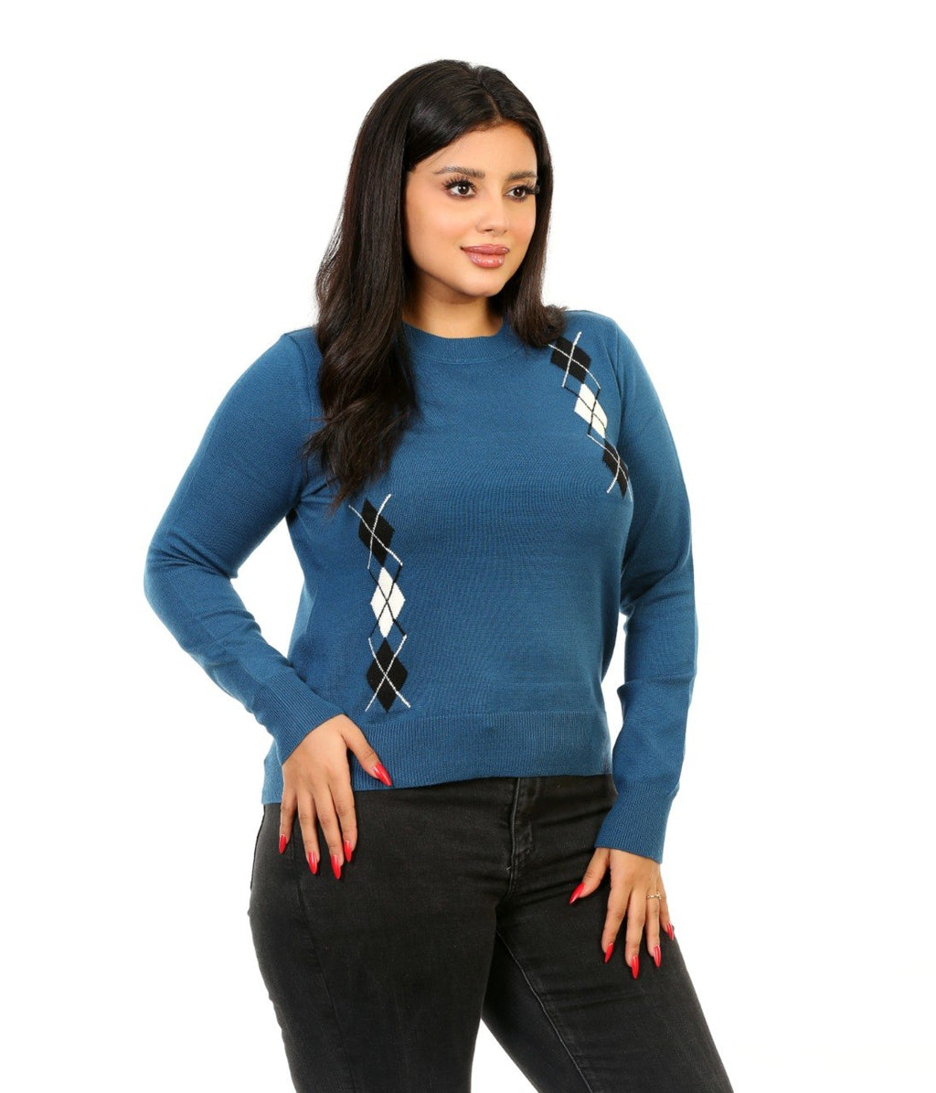 Argyle Panel Crew Neck Blouse - Blue