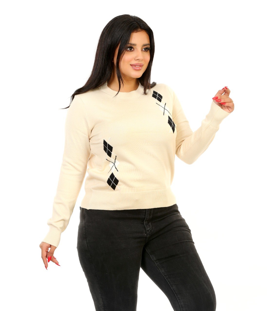 Argyle Panel Crew Neck Blouse - Cream