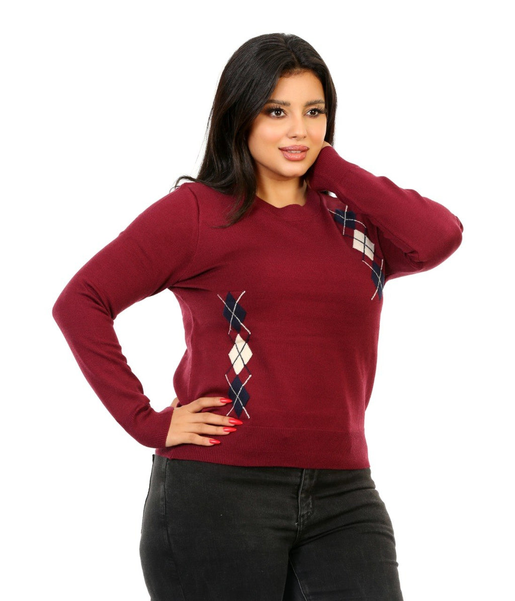 Argyle Panel Crew Neck Blouse - Burgundy