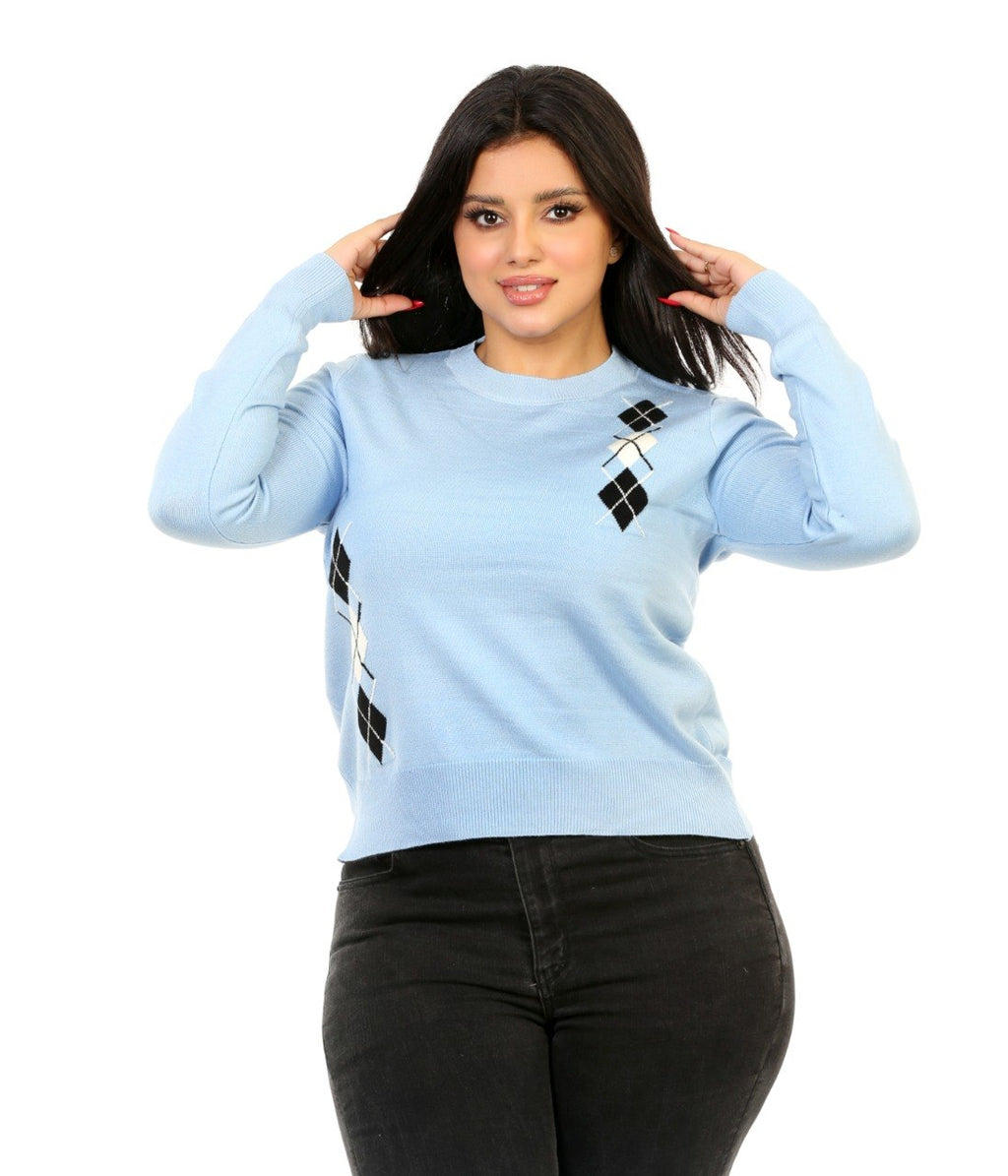 Argyle Panel Crew Neck Blouse - Baby Blue