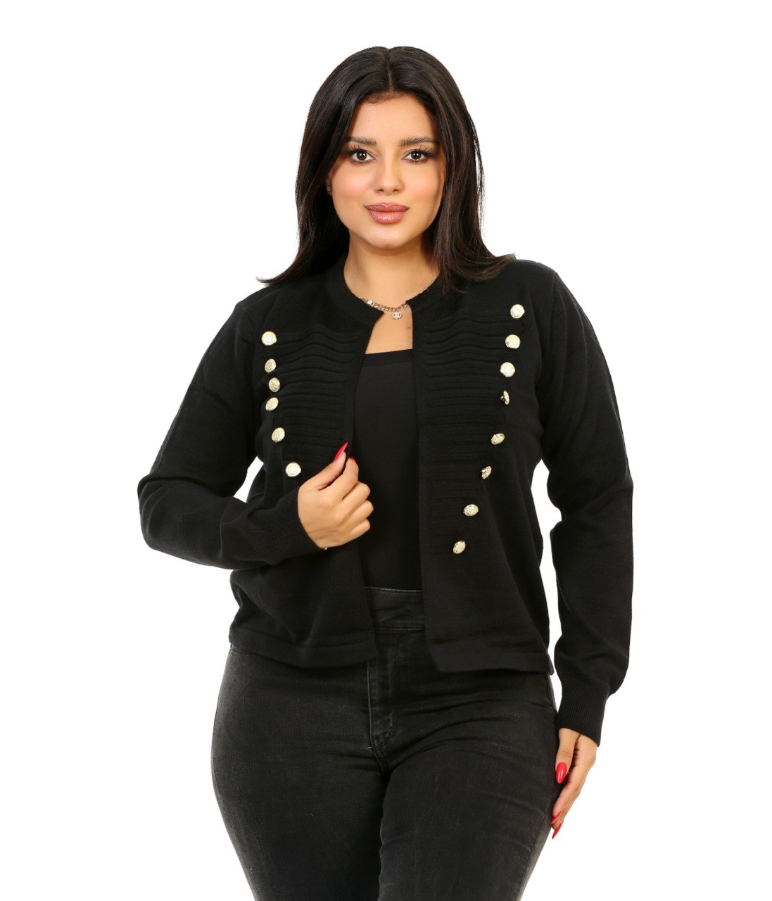 Double Button Open Front Blouse - Black