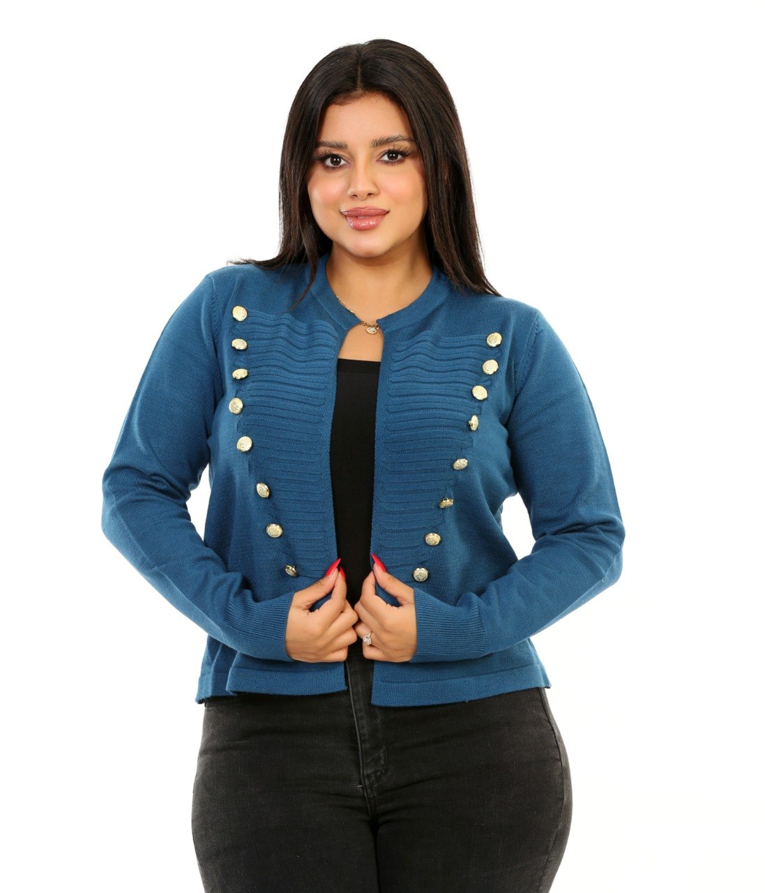 Double Button Open Front Blouse - Blue