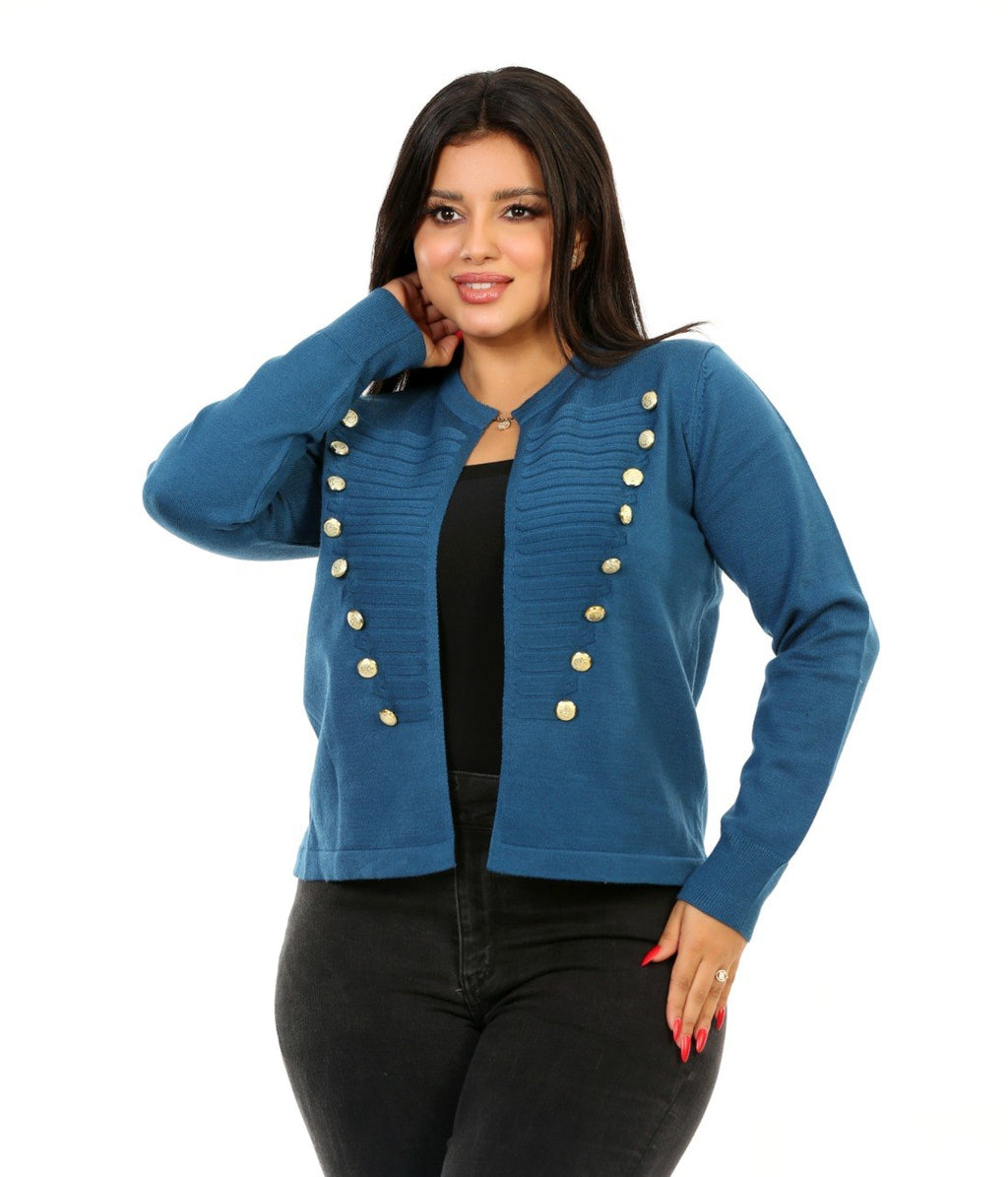 Double Button Open Front Blouse - Blue