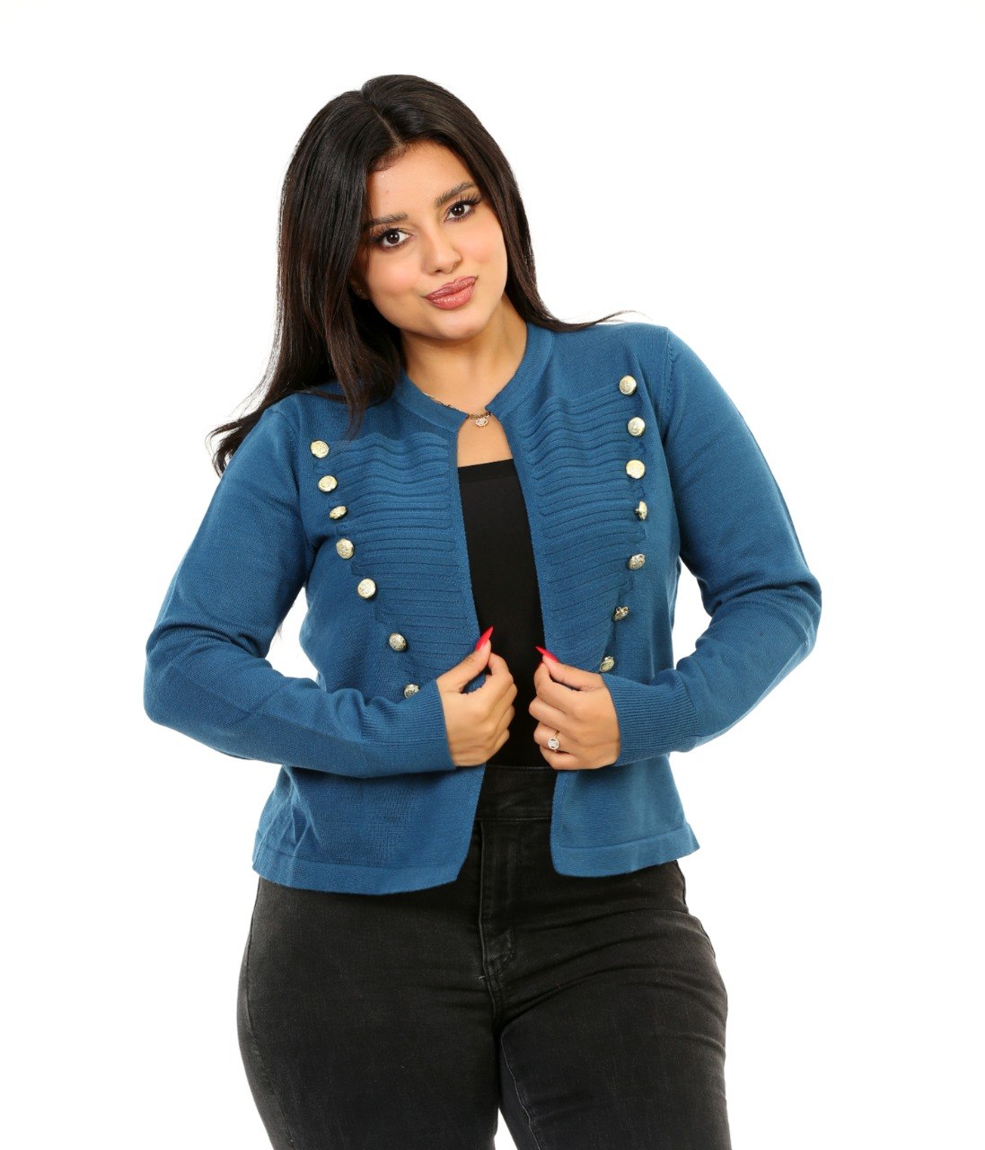 Double Button Open Front Blouse - Blue