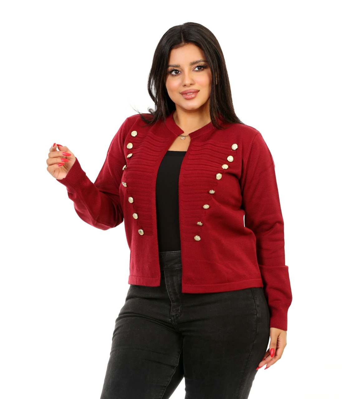 Double Button Open Front Blouse - Burgundy
