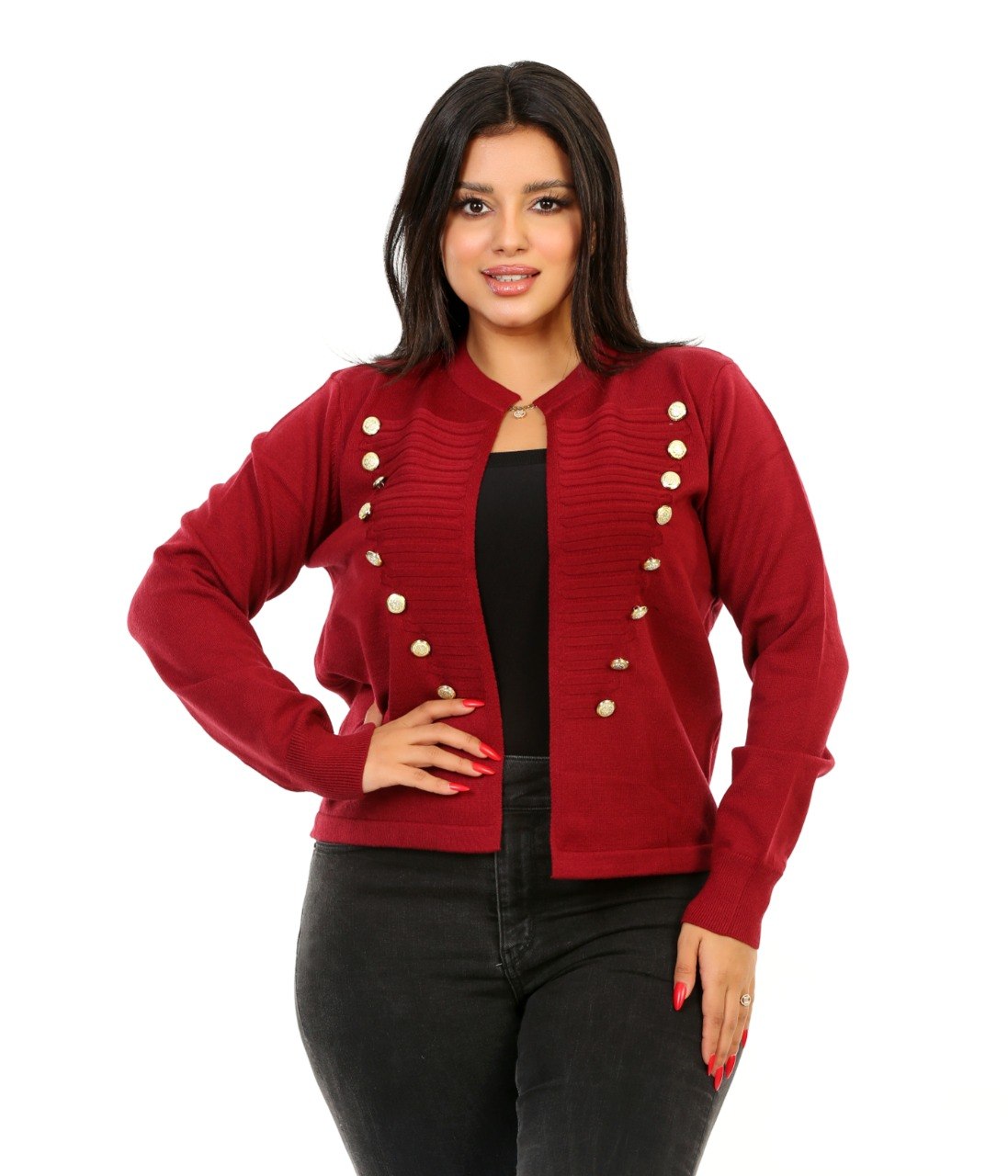 Double Button Open Front Blouse - Burgundy
