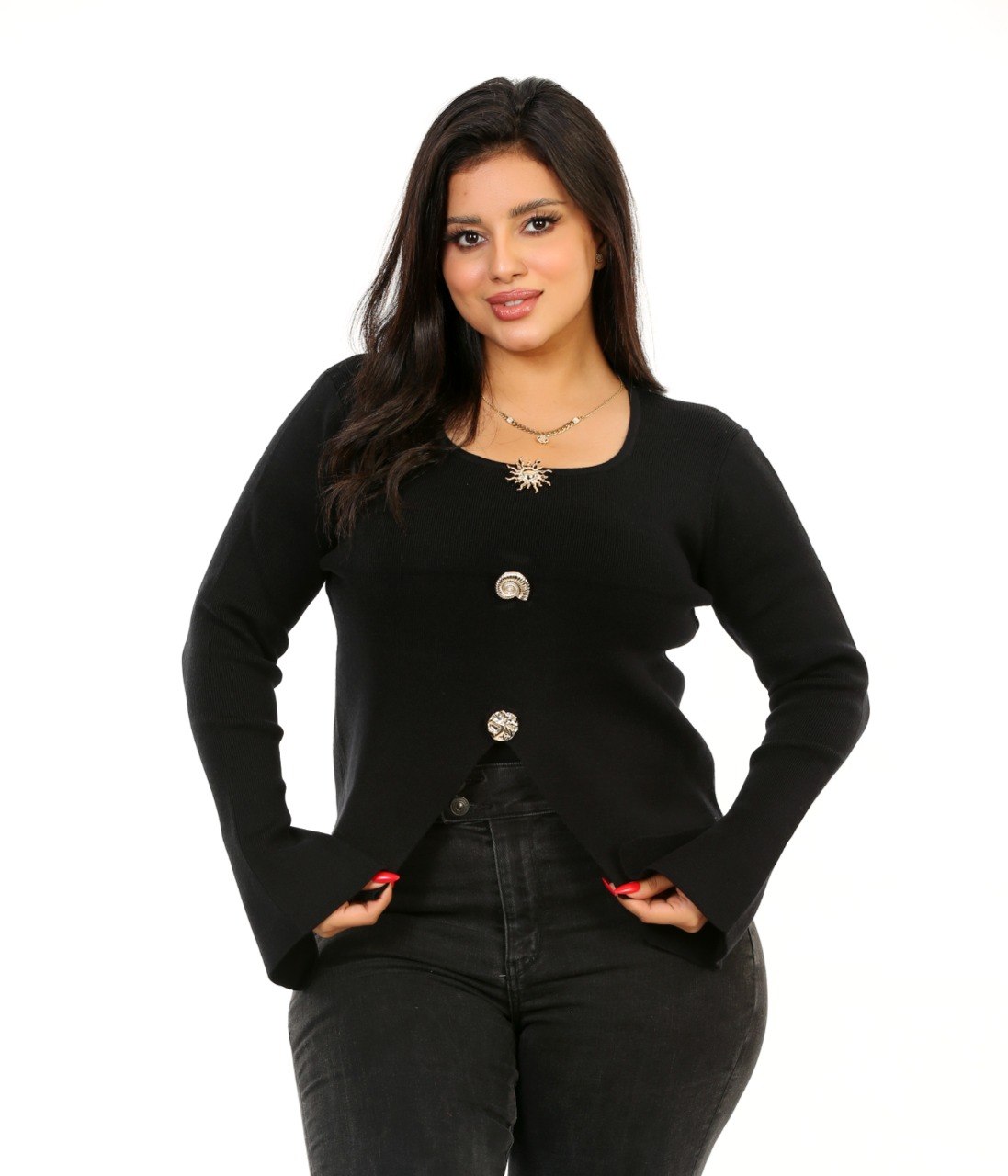 Flare Sleeve Jewel Button Blouse - Black