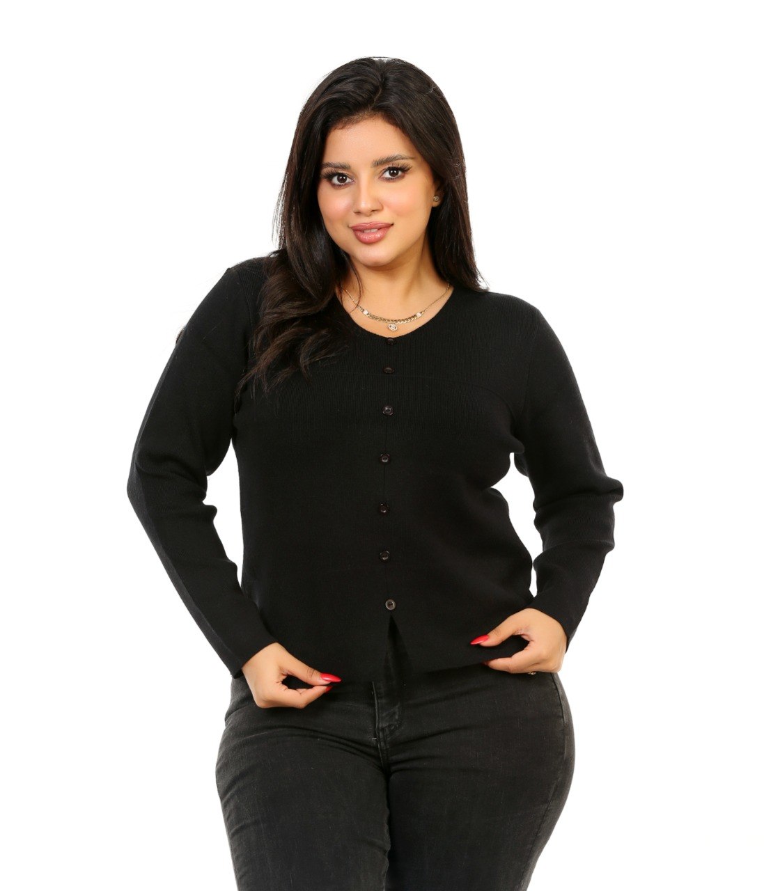 Scoop Neck Button Knit Blouse - Black