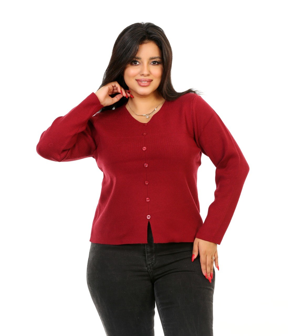 Scoop Neck Button Knit Blouse - Burgundy