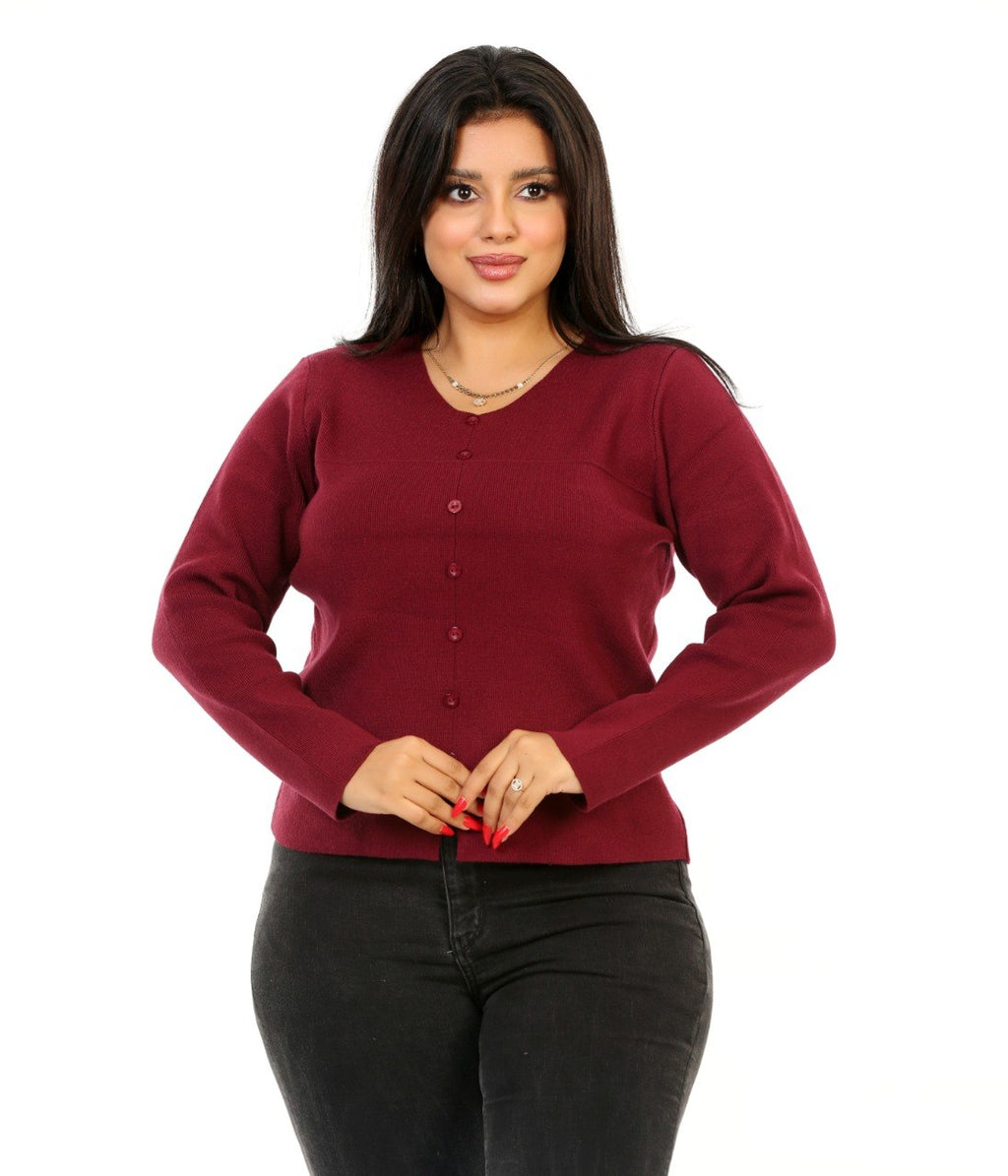 Scoop Neck Button Knit Blouse - Burgundy